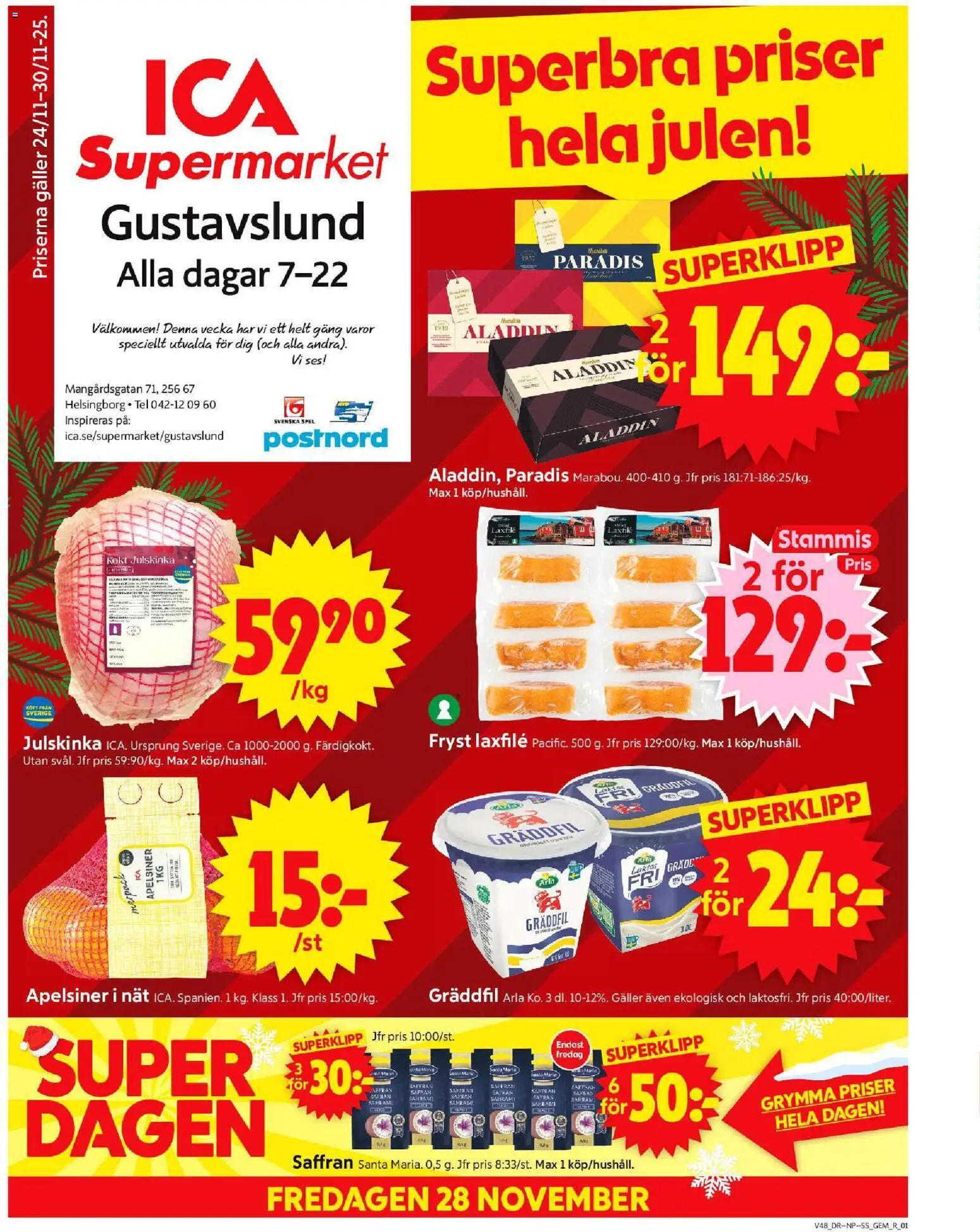 ICA Supermarket reklamblad aktuell från 24.11.2025 | Sida: 1 | Produkter: Saffran, Apelsiner, Gräddfil, Spel