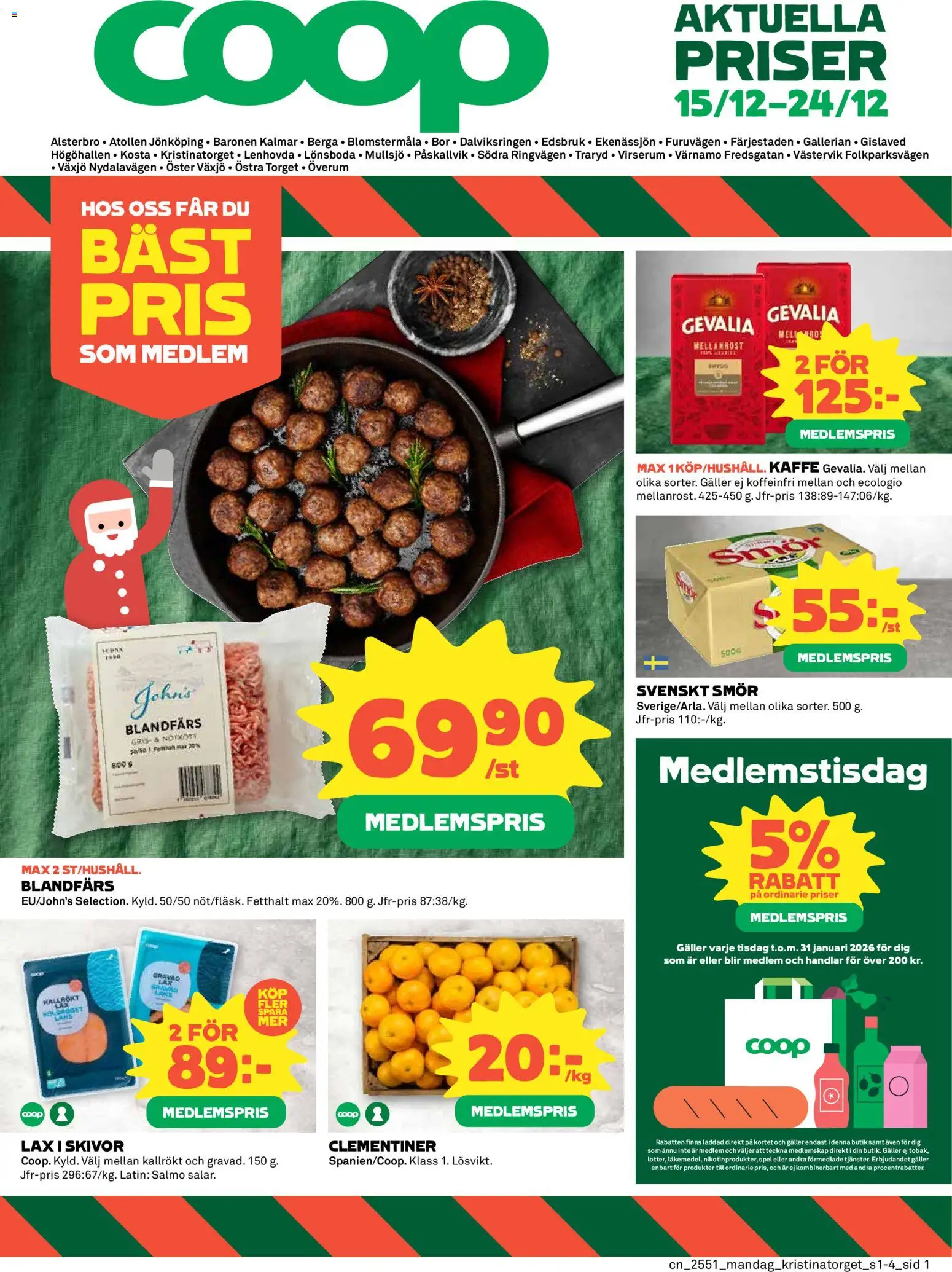 Coop reklamblad aktuell från 15.12.2025 | Sida: 1 | Produkter: Galler, Blandfärs, Lax, Kaffe