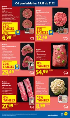 Pogląd oferty "Rzeźnik Steki wołowe irlandzkie, 400 g, Limit: 4 opak. na ofertę. Szczegóły promocji dostępne w aplikacji Lidl Plus." - ważna od 29.12.2025 | Strona: 29 | Produkty: Burger wołowy, Steki, Burgery wolowe, Flaki