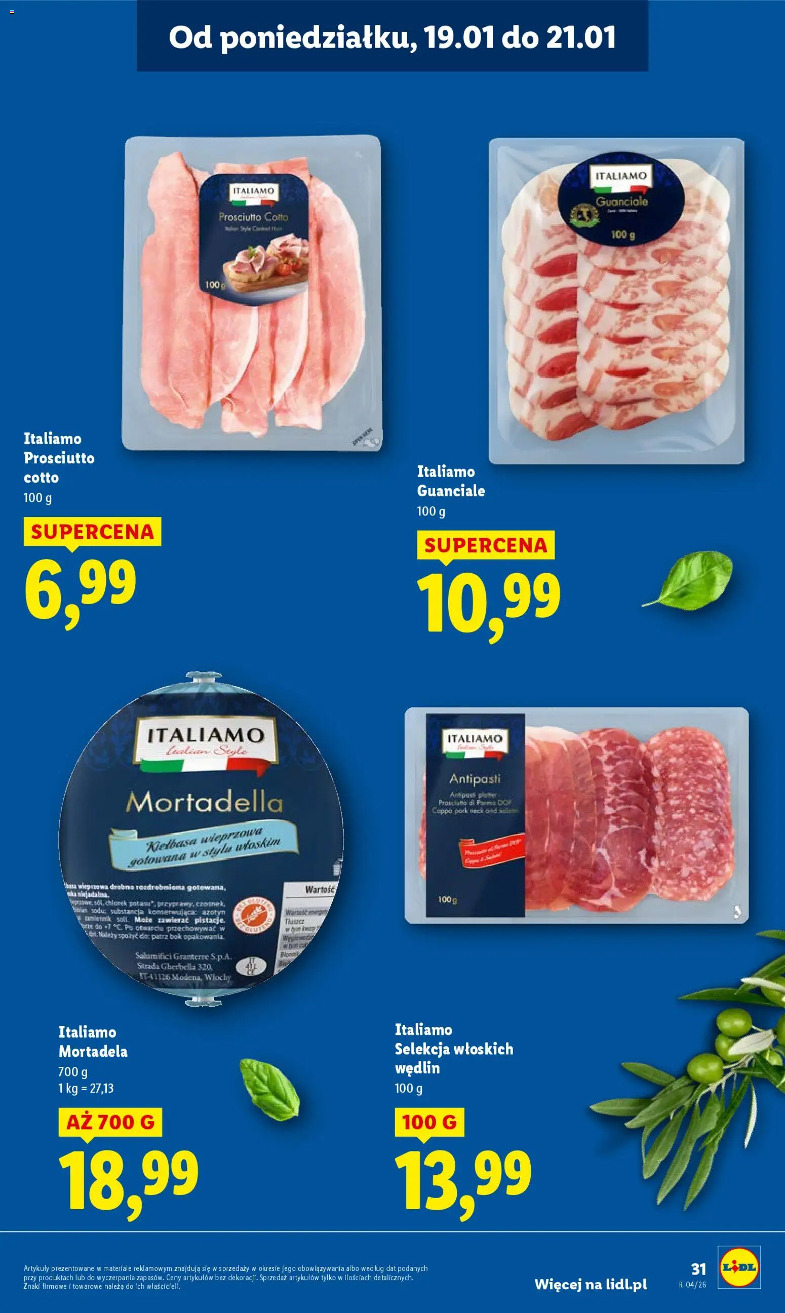 Lidl Gazetka od 19.01.2026 | Strona: 31 | Produkty: Mortadela, Prosciutto
