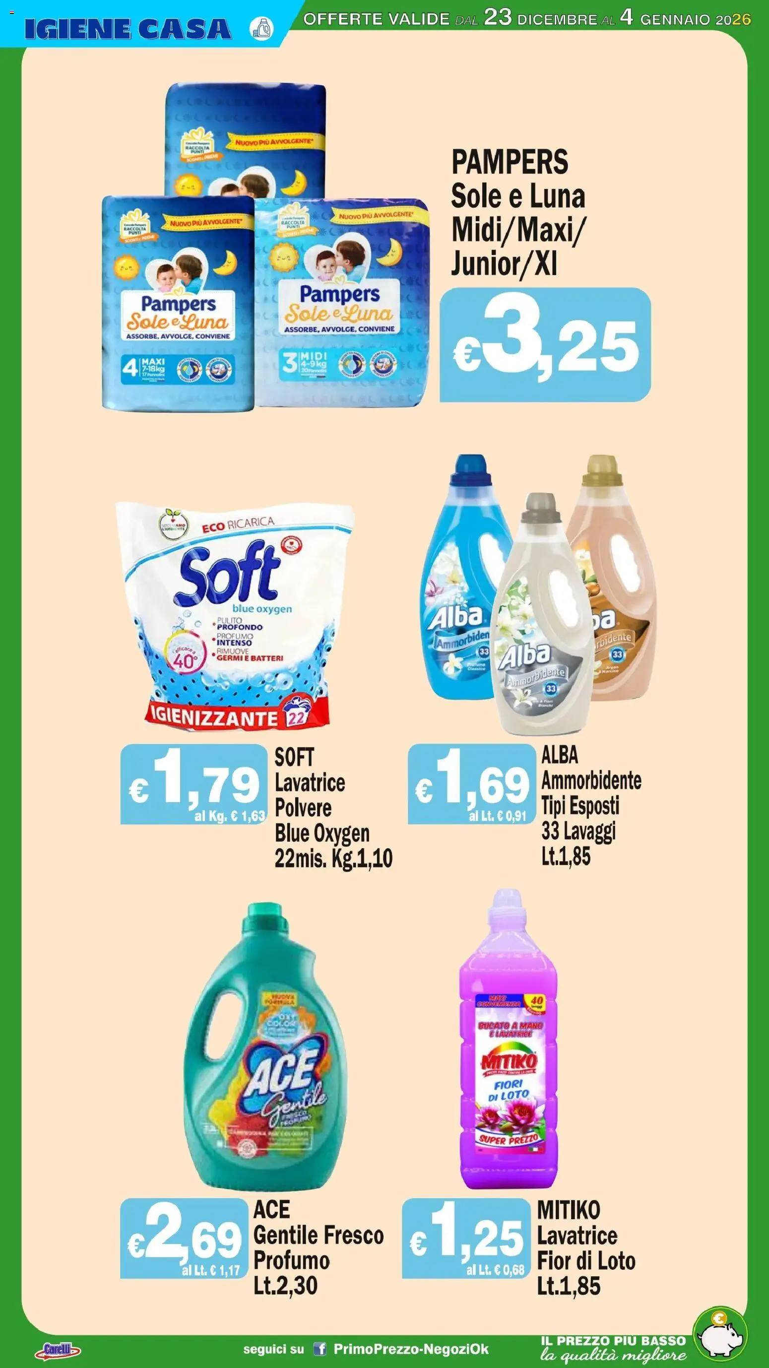 Volantino Primo Prezzo del 23.12.2025 | Pagina: 21 | Prodotti: Ammorbidente, Lavatrice, Pampers, Profumo