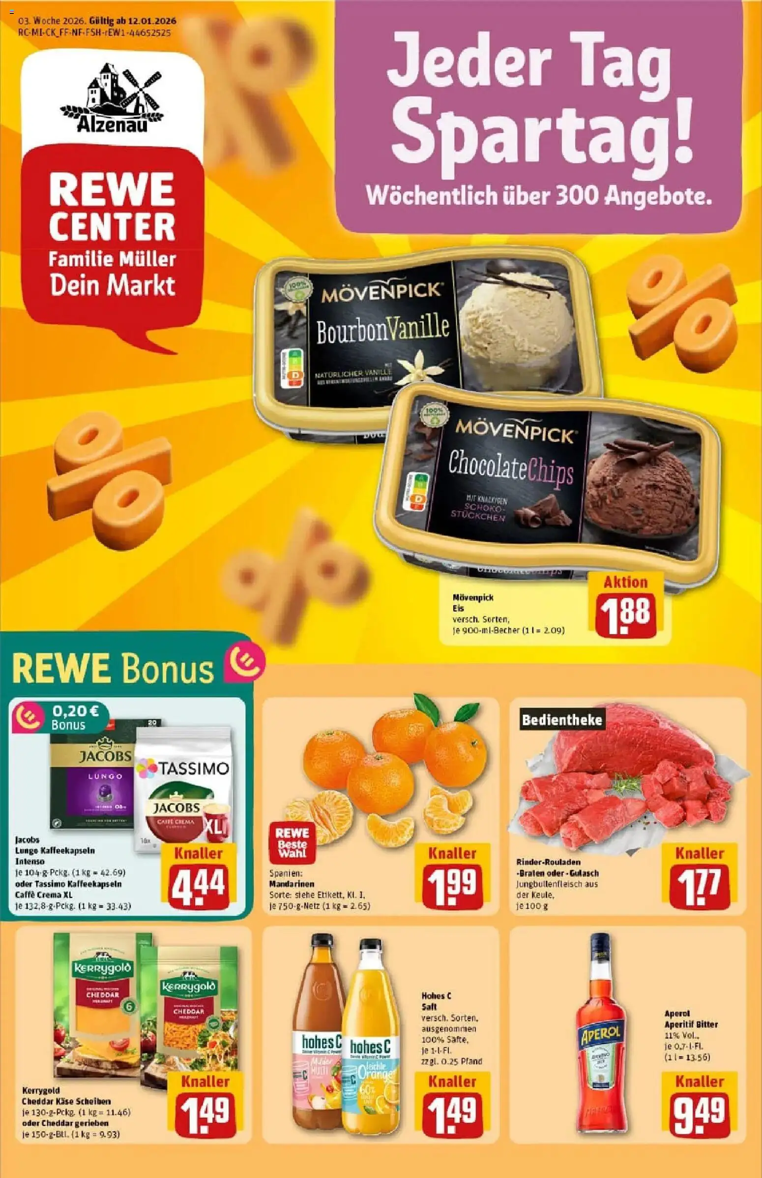 Rewe prospekt Alzenau	 – gültig ab 11.01.2026 | Seite: 1 | Produkte: Gulasch, Aperol, Tassimo, Eis