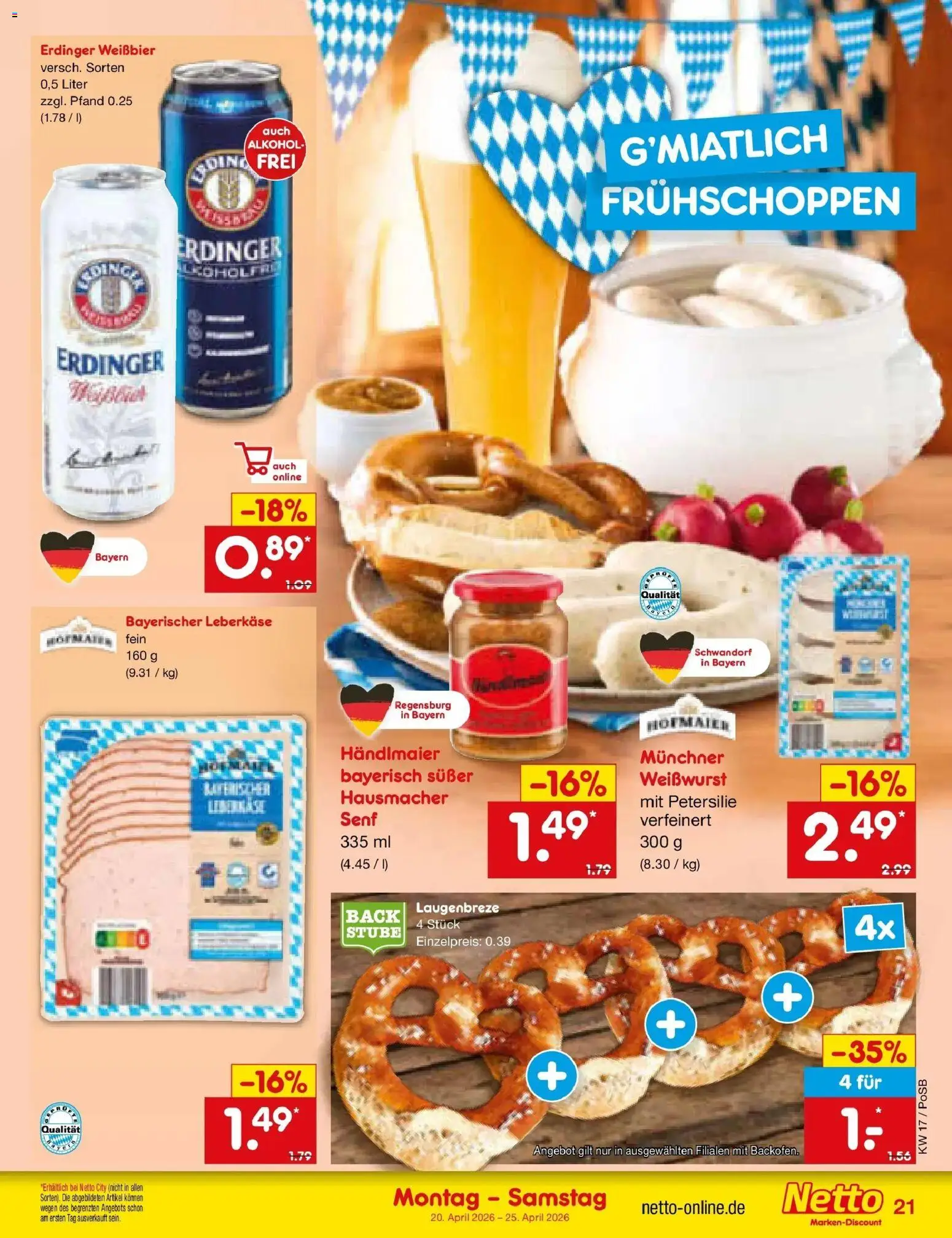 Netto Marken-Discount Prospekt Regensburg	 – gültig ab 20.04.2026 | Seite: 23 | Produkte: Erdinger, Weißbier, Weißwurst, Leberkase