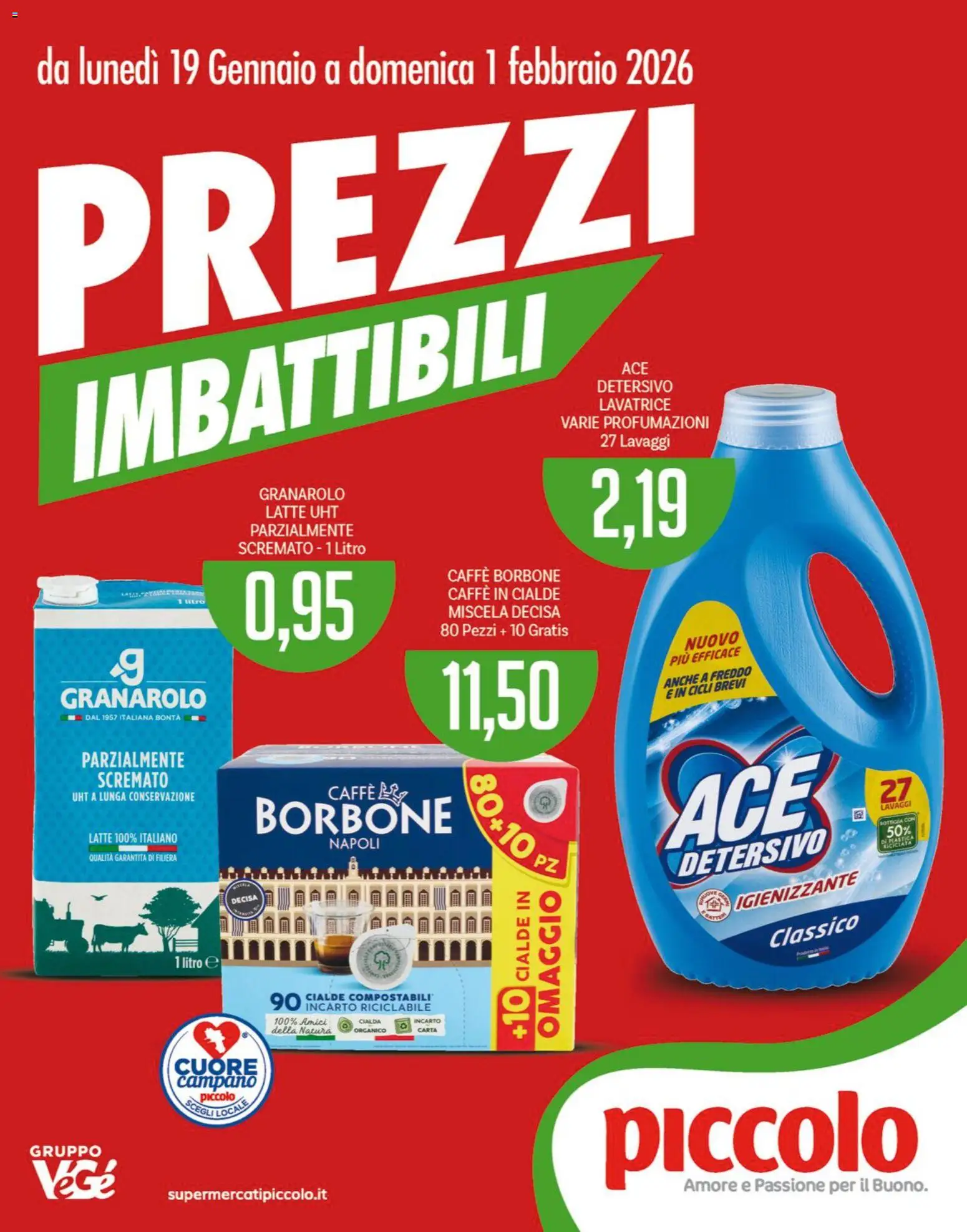 Volantino Piccolo del 19.01.2026 | Pagina: 1 | Prodotti: Caffè, Latte, Lavatrice, Caffè in cialde