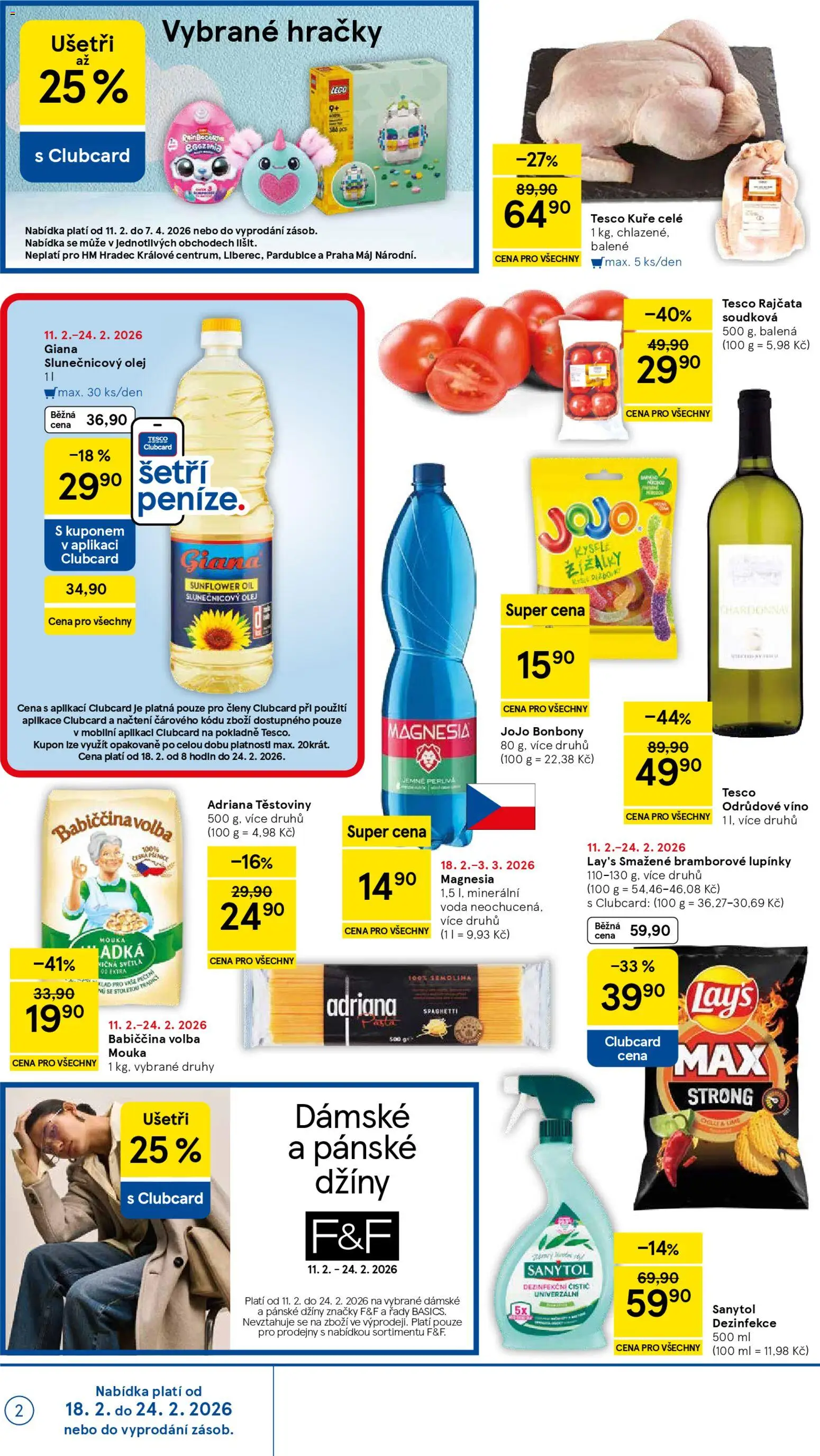 Tesco leták - Hypermarket od 18.02.2026 | Strana: 2 | Produkty: Džíny, Hračky, Minerální voda, Semolina