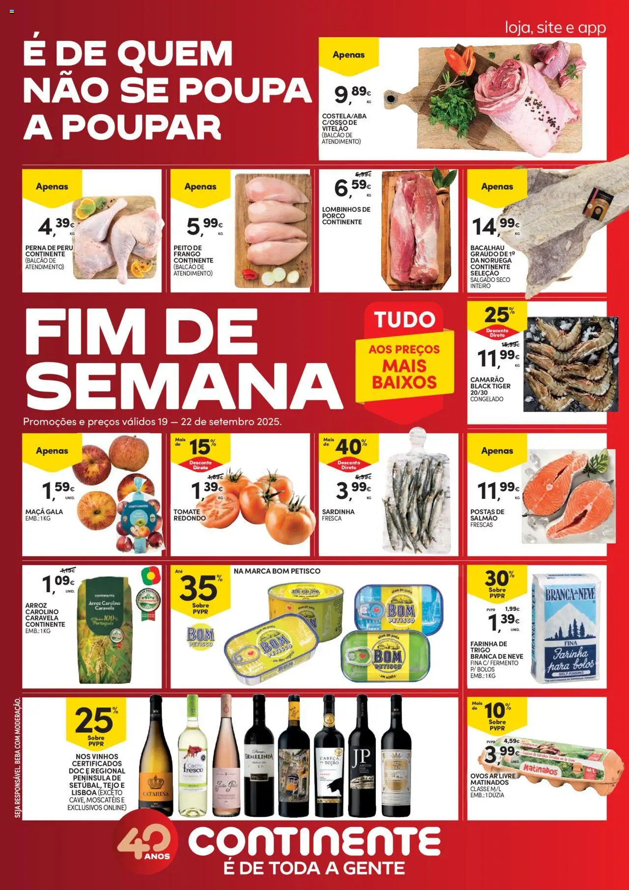 Continente - Fim de Semana │ válido de 19.09.2025 | Página: 1 | Produtos: Bacalhau, Farinha de trigo, Camarão, Ovos