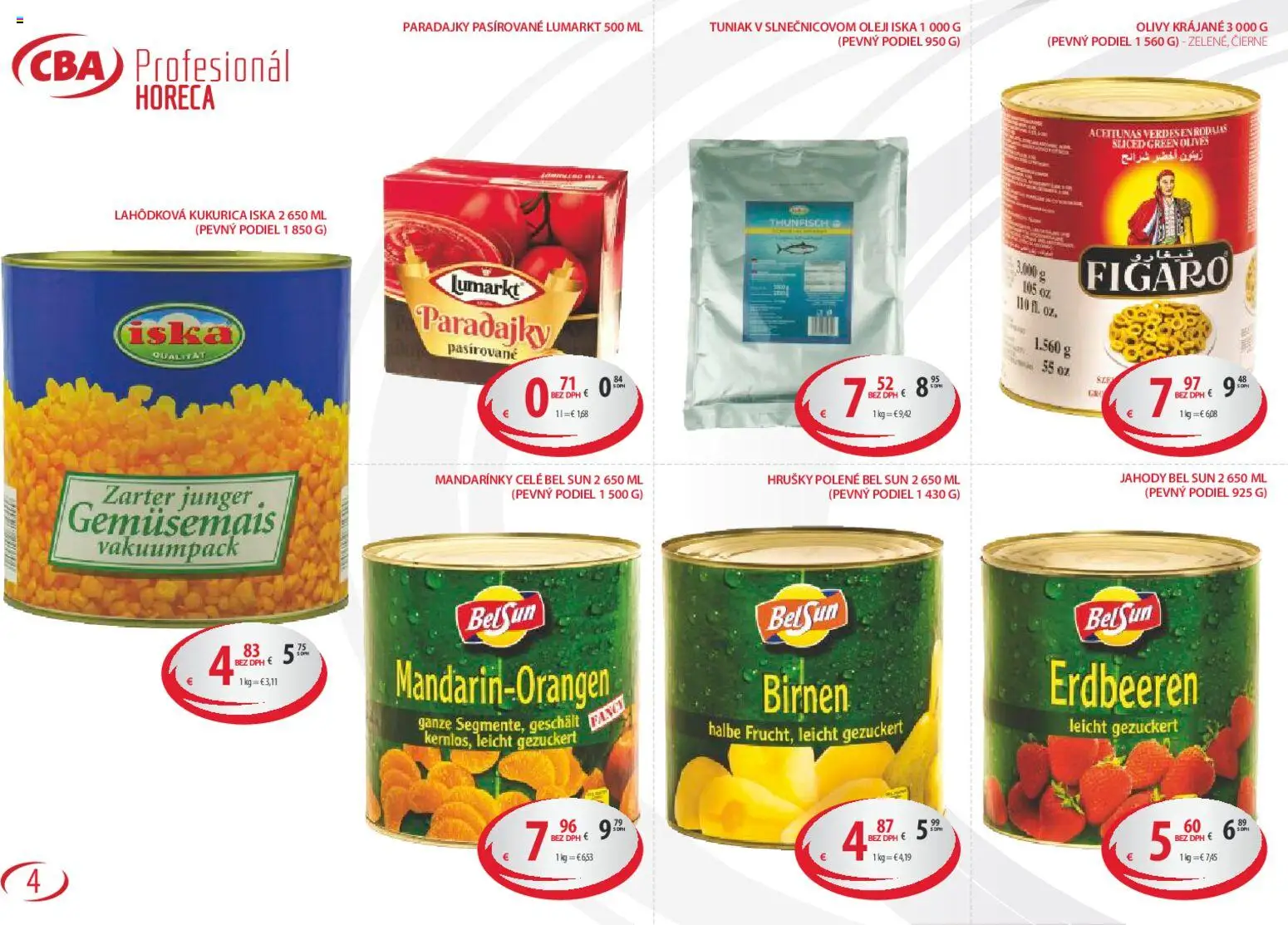 Nové CBA Komfos akcie – leták je platný od 04.05.2026 | Strana: 4 | Produkty: Tuniak, Paradajky, Jahody, Hrušky