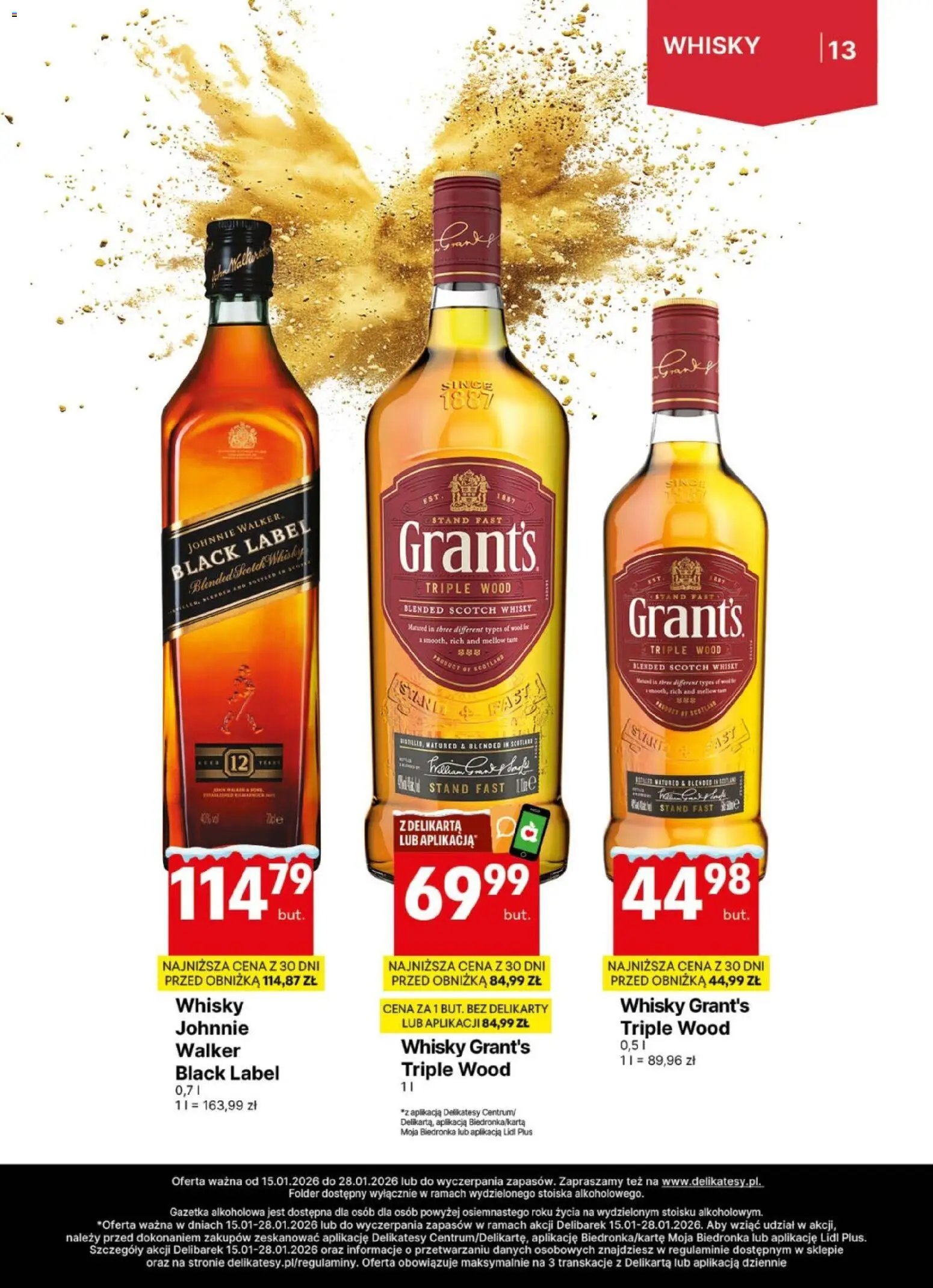 Delikatesy Centrum Gazetka - DeliBarek od 15.01.2026 | Strona: 13 | Produkty: Grant's, Delikatesy, Black Label, Whisky