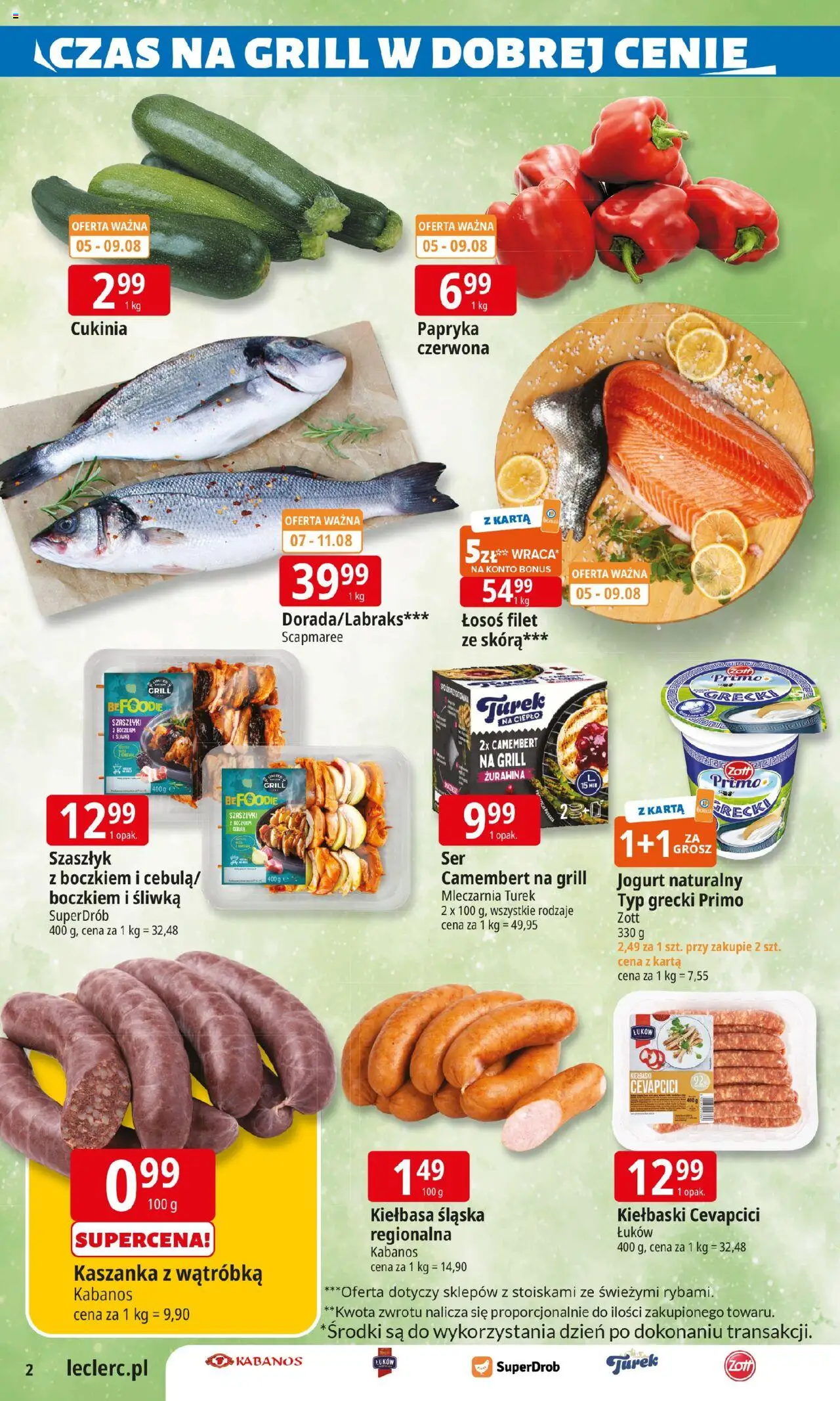 E.Leclerc Gazetka - Tychy od 05.08.2025 | Strona: 2 | Produkty: Kaszanka, Cukinia, Camembert, Kiełbasa śląska