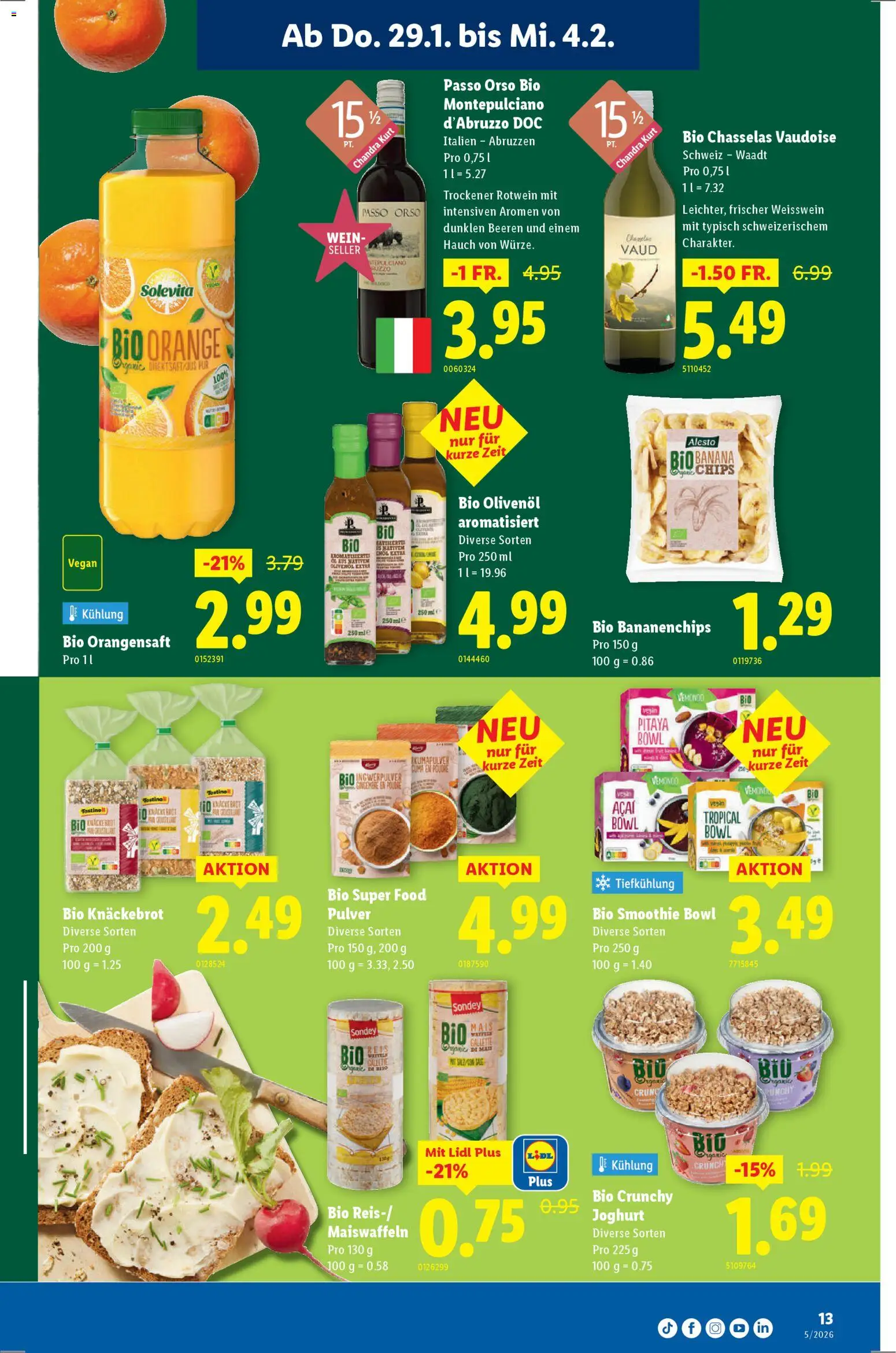 Lidl Aktionen – gültig ab 29.01.2026 | Seite: 13 | Produkte: Weißwein, Pulver, Brot, Chips