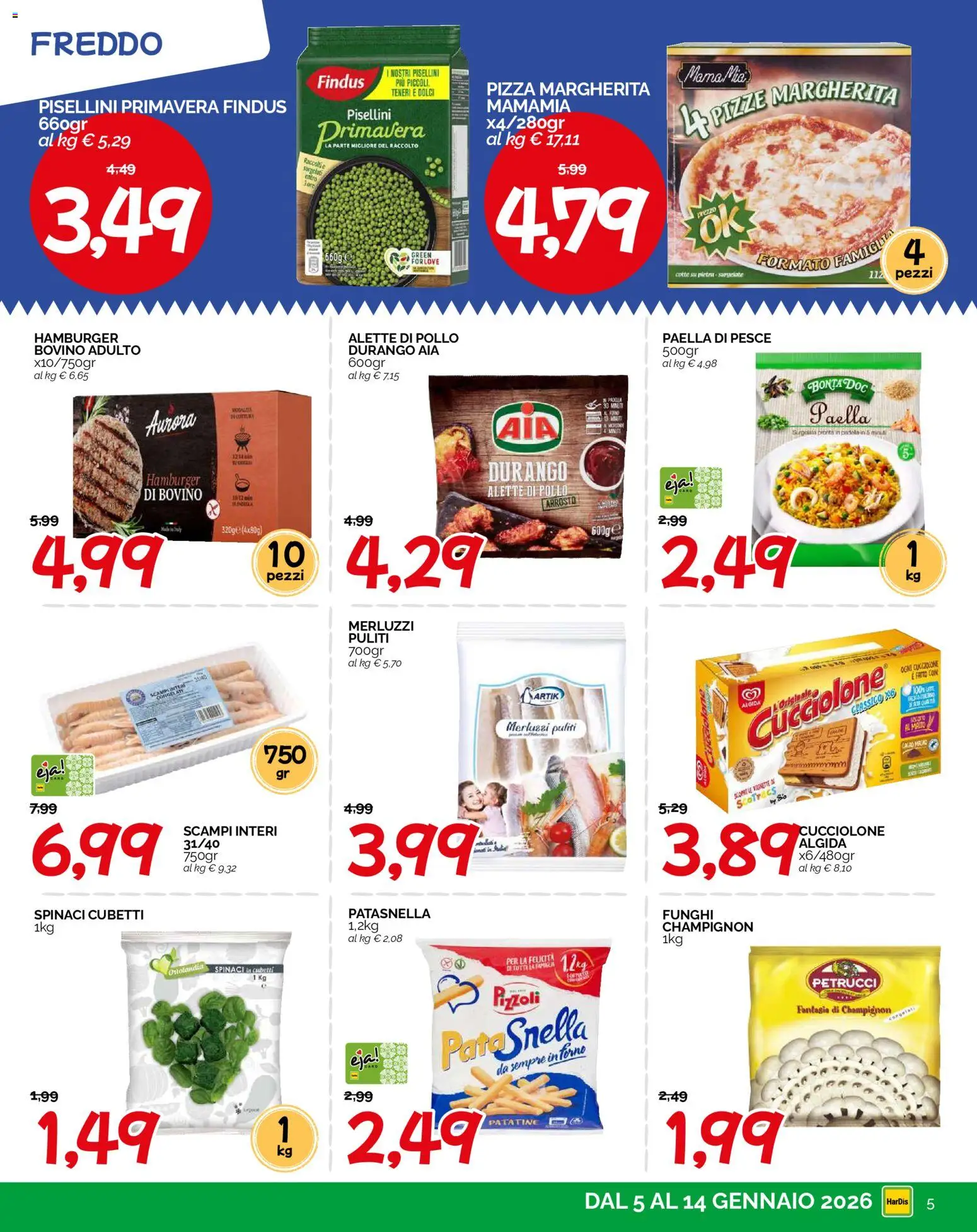 Volantino HarDis del 05.01.2026 | Pagina: 5 | Prodotti: Pizza, Pollo, Spinaci, Paella
