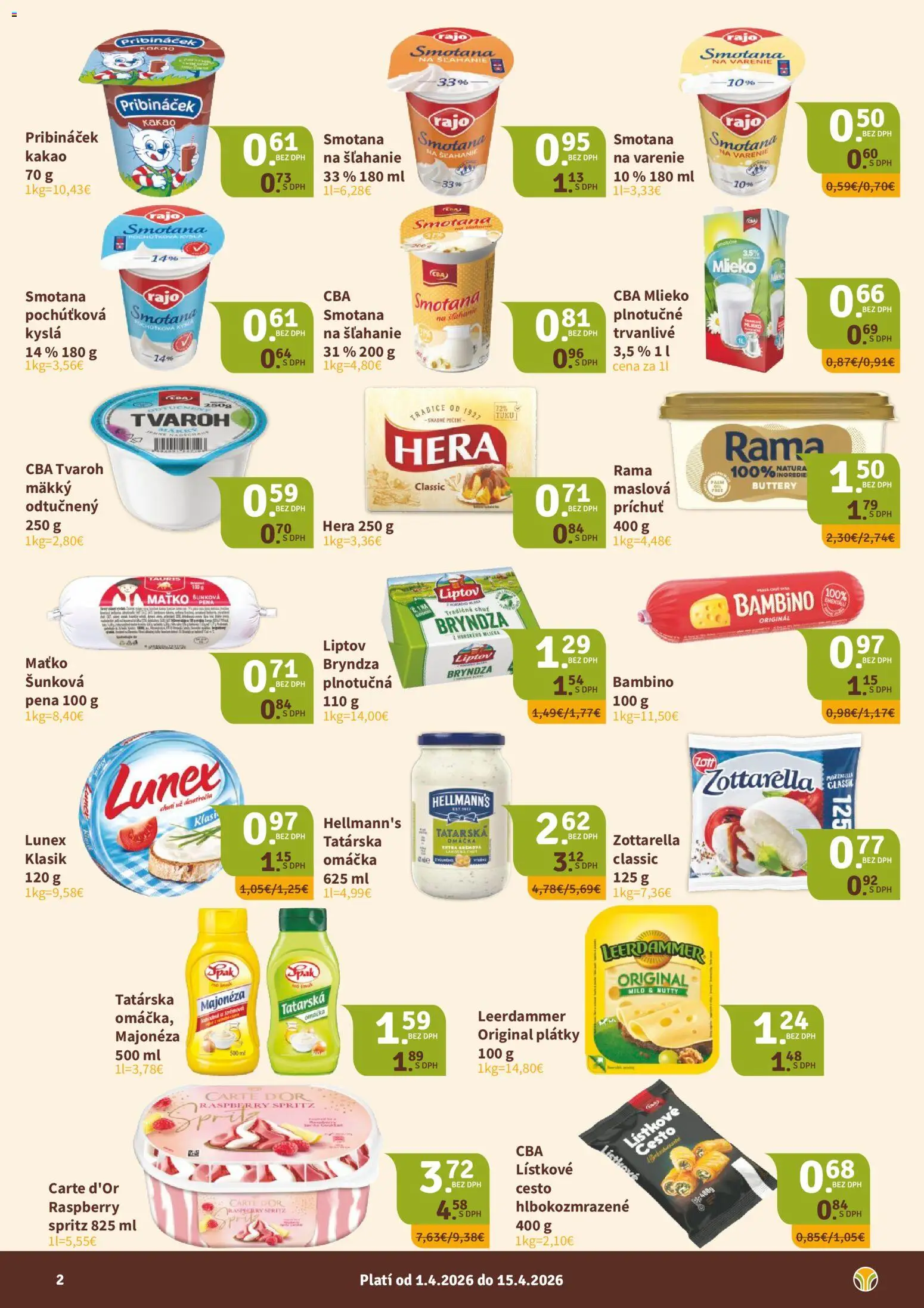 Nové Nitrazdroj akcie – leták je platný od 01.04.2026 | Strana: 2 | Produkty: Smotana, Omáčka, Rama, Hera