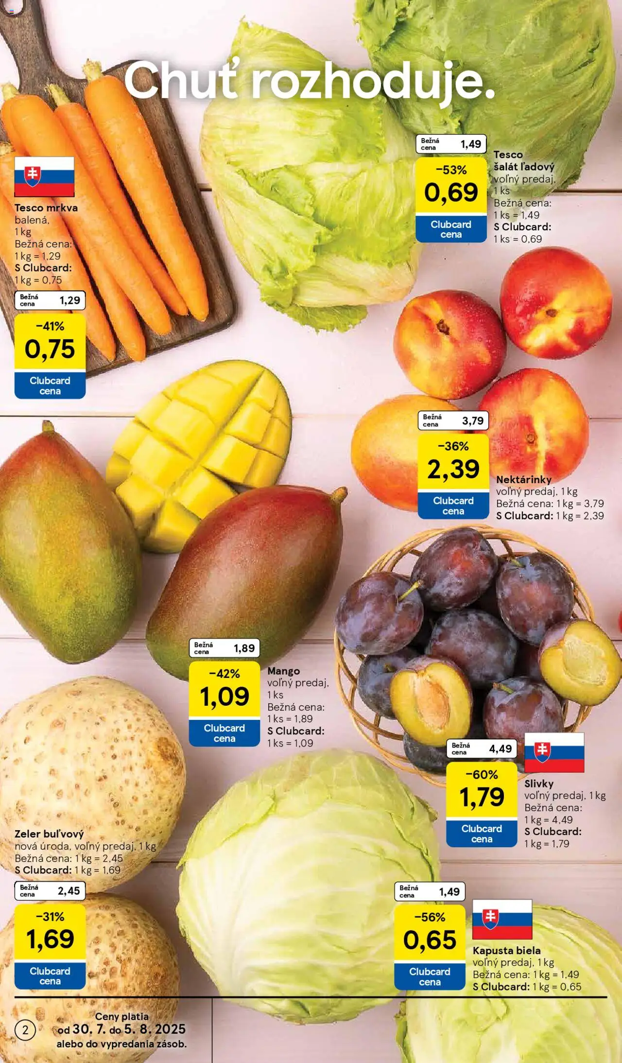 Tesco Hypermarket - leták │ platný od 30.07.2025 | Strana: 2 | Produkty: Kapusta, Kapusta biela, Mango, Slivky