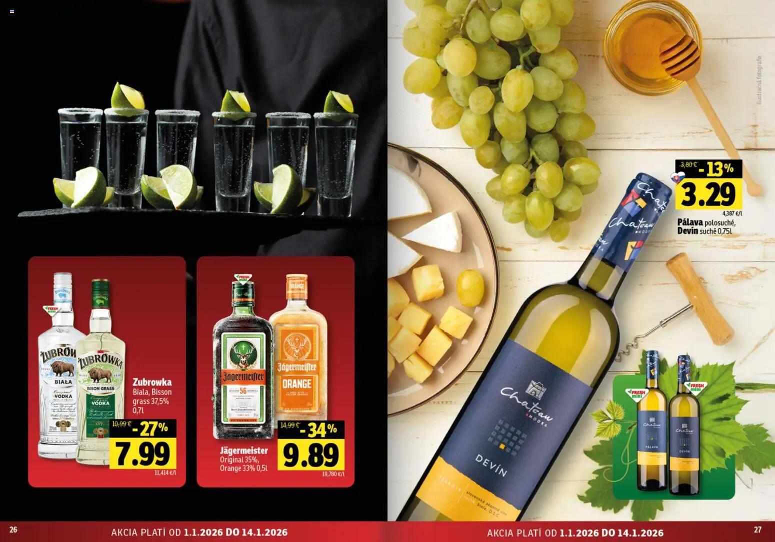 Nové Fresh akcie – leták je platný od 01.01.2026 | Strana: 14 | Produkty: Jägermeister, Vodka