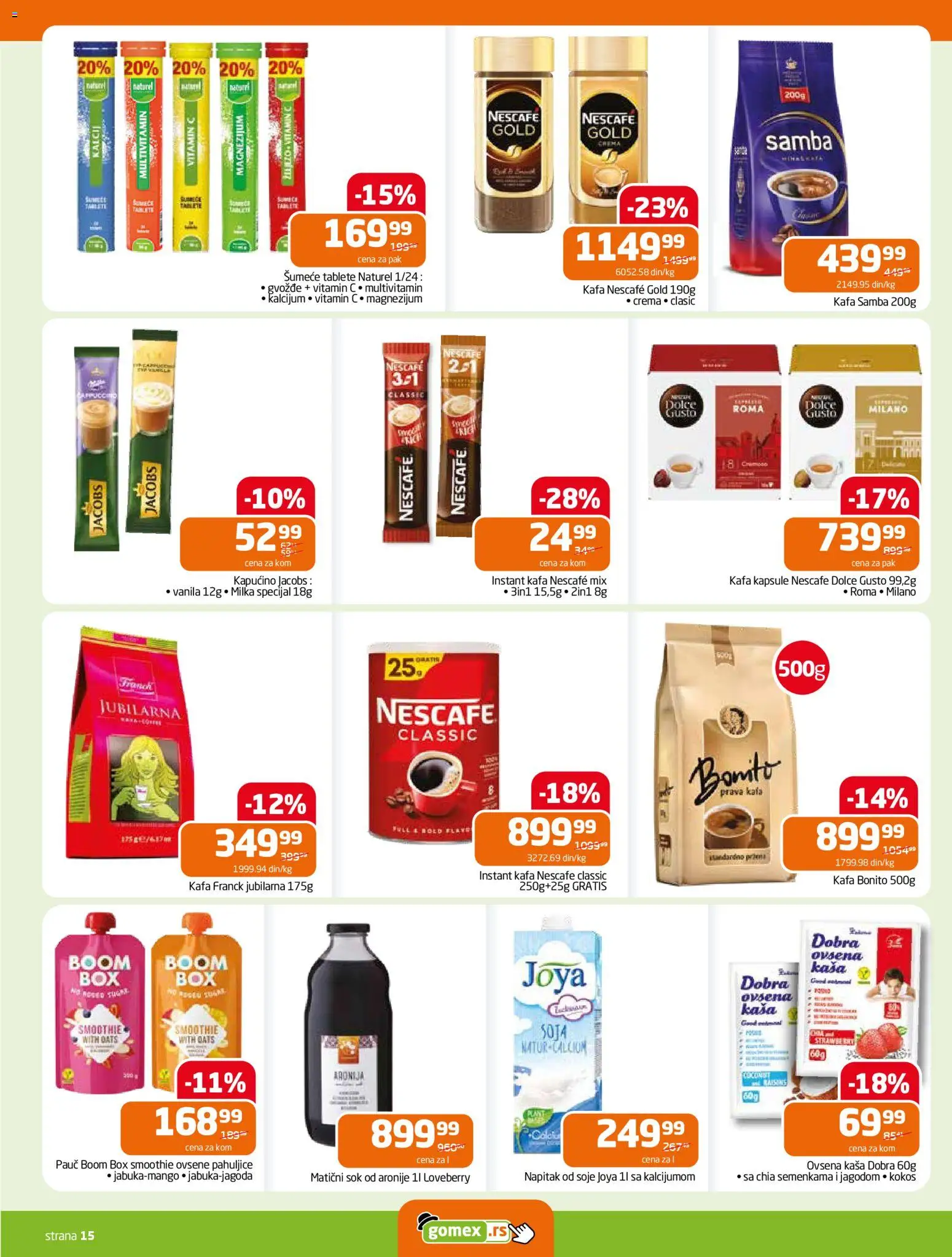 Gomex katalog - važi od 19.11.2025 | Strana: 15 | Proizvode: Dolce Gusto, Kapsule, Ovsena kaša, Instant kafa