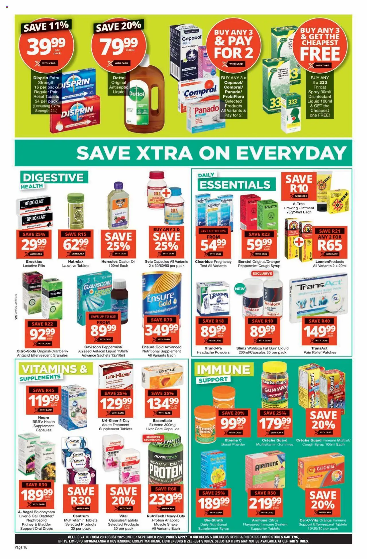 Checkers Gauteng - August Month-End Promotion │ valid from 20.08.2025 | Page: 16 | Products: Disinfectant, Vitamins, Cough syrup, Oil