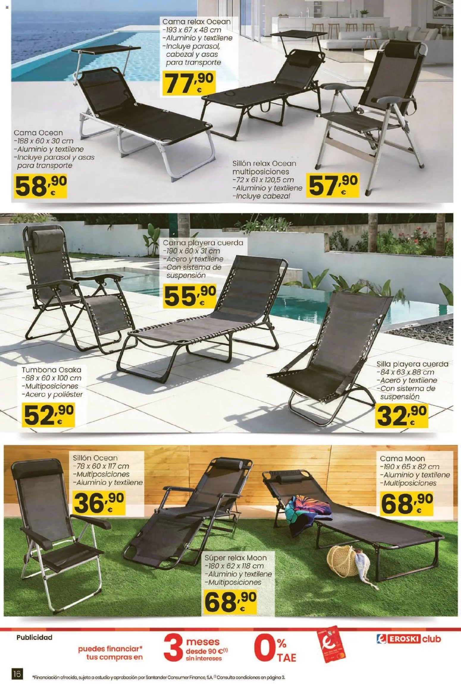 Eroski - Moda primavera-verano 2026 │ válido desde el 26.03.2026 | Página: 16 | Productos: Tumbona, Cama, Sillón, Silla