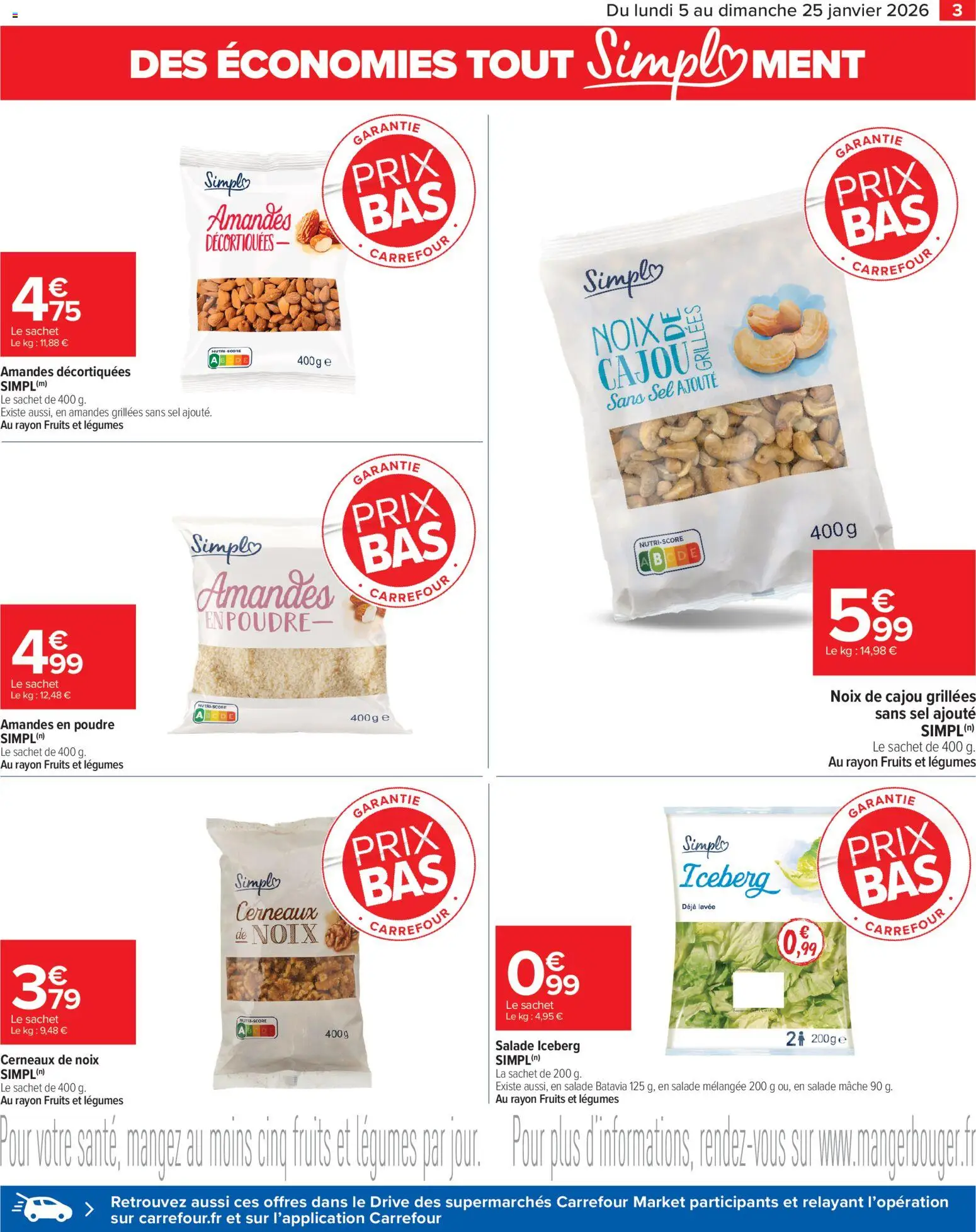 {H1} | Page: 3 | Produits: Salade, Amandes décortiquées, Noix de cajou, Amandes