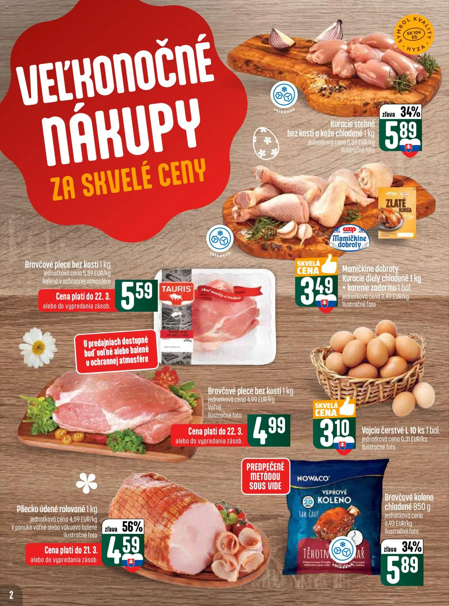 Nové COOP Jednota akcie – leták je platný od 19.03.2026 | Strana: 2 | Produkty: Vajcia, Bravčové koleno, Kuracie stehná, Korenie
