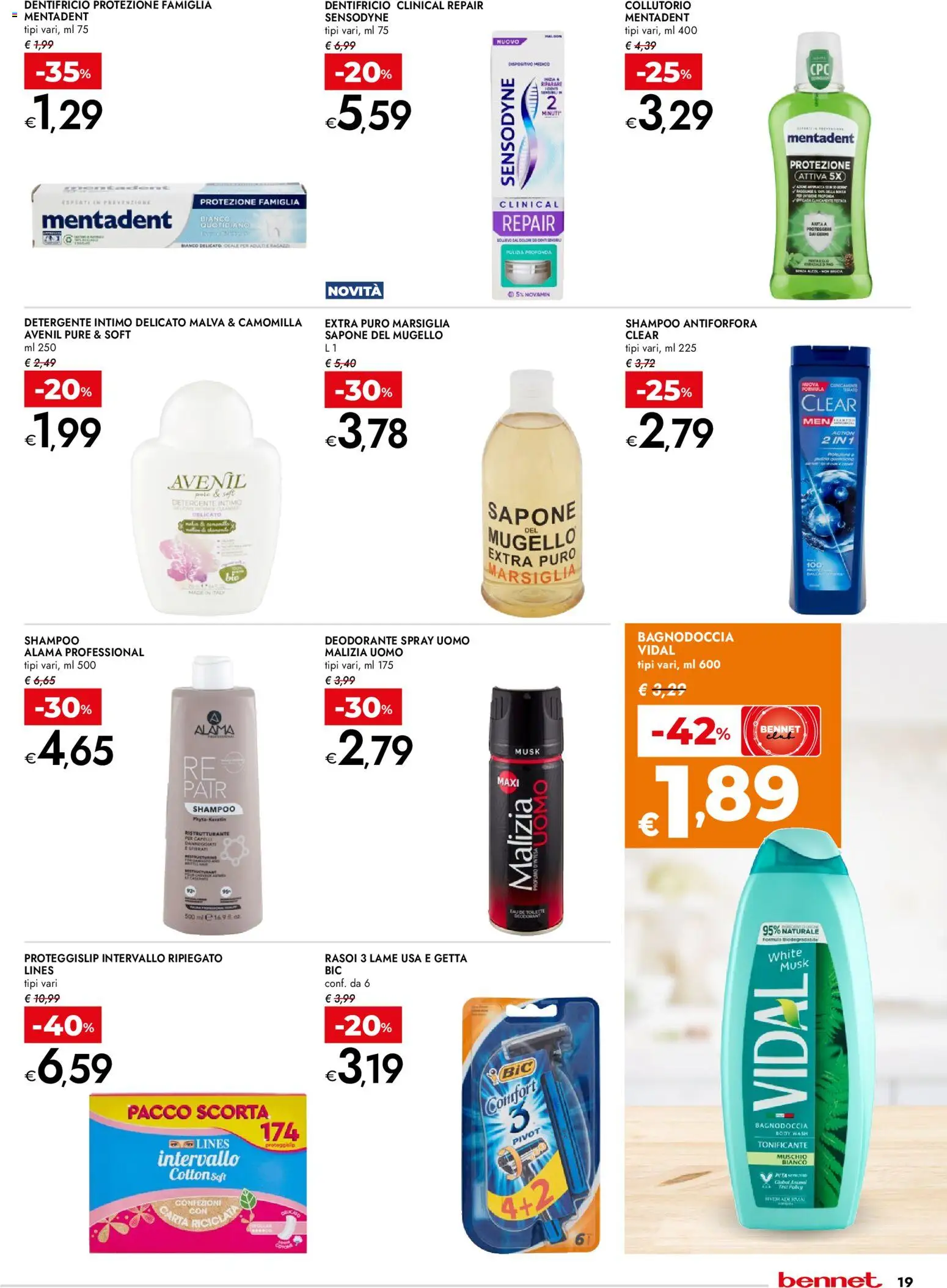 Volantino bennet del 19.02.2026 | Pagina: 19 | Prodotti: Shampoo, Deodorante, Collutorio, Intimo