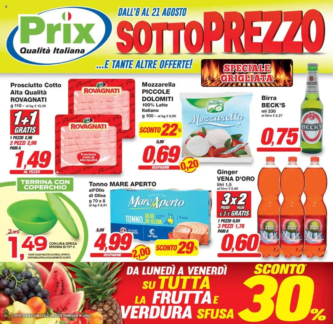 Volantino Prix del 08.08.2025 | Pagina: 1 | Prodotti: Birra, Frutta, Prosciutto, Tonno