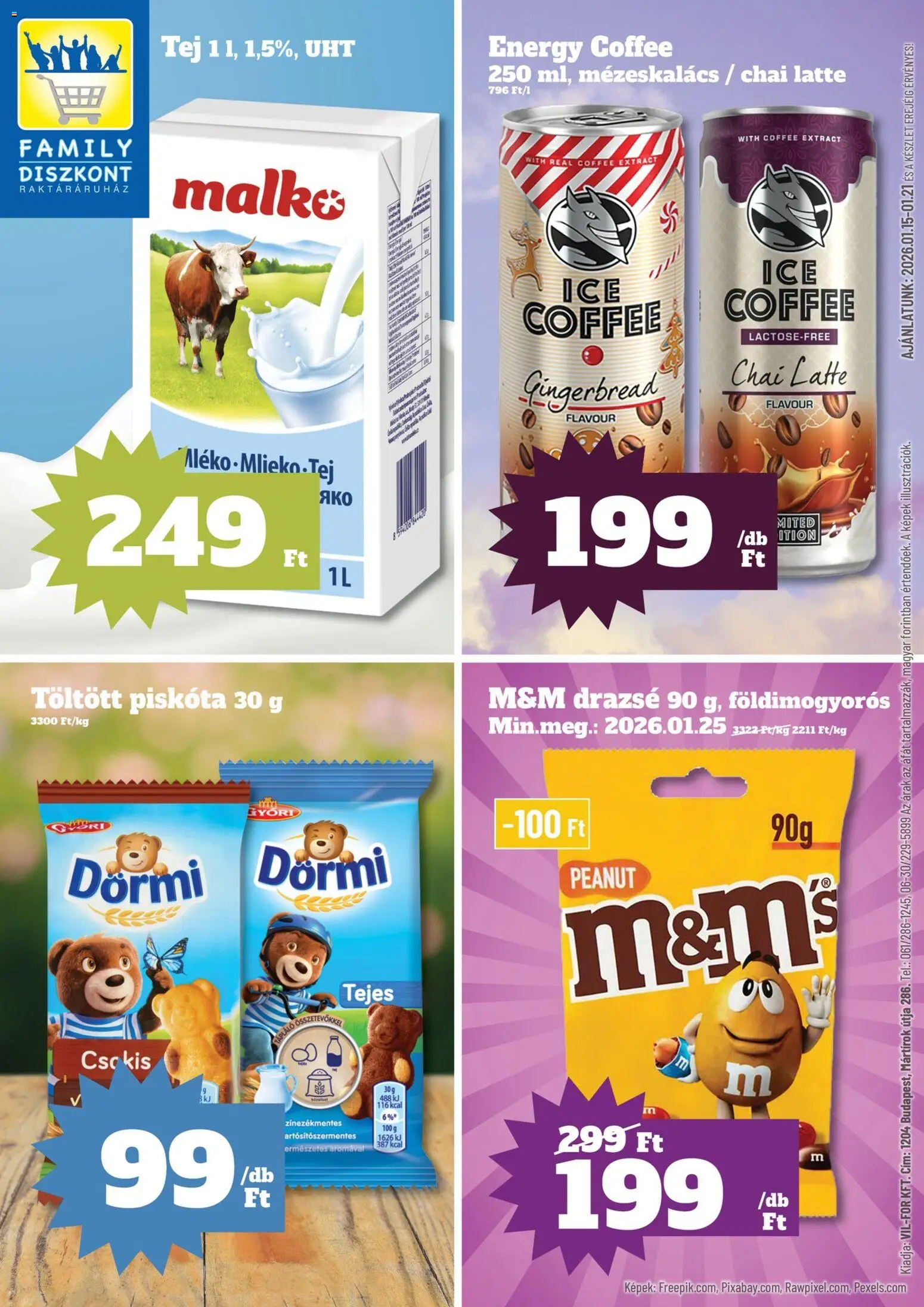 Family Diszkont akciós ujság - amely érvényes a következő dátumtól: 15.01.2026 | Oldal: 1 | Termékek: Piskóta, Mézeskalács, Drazsé, Tej