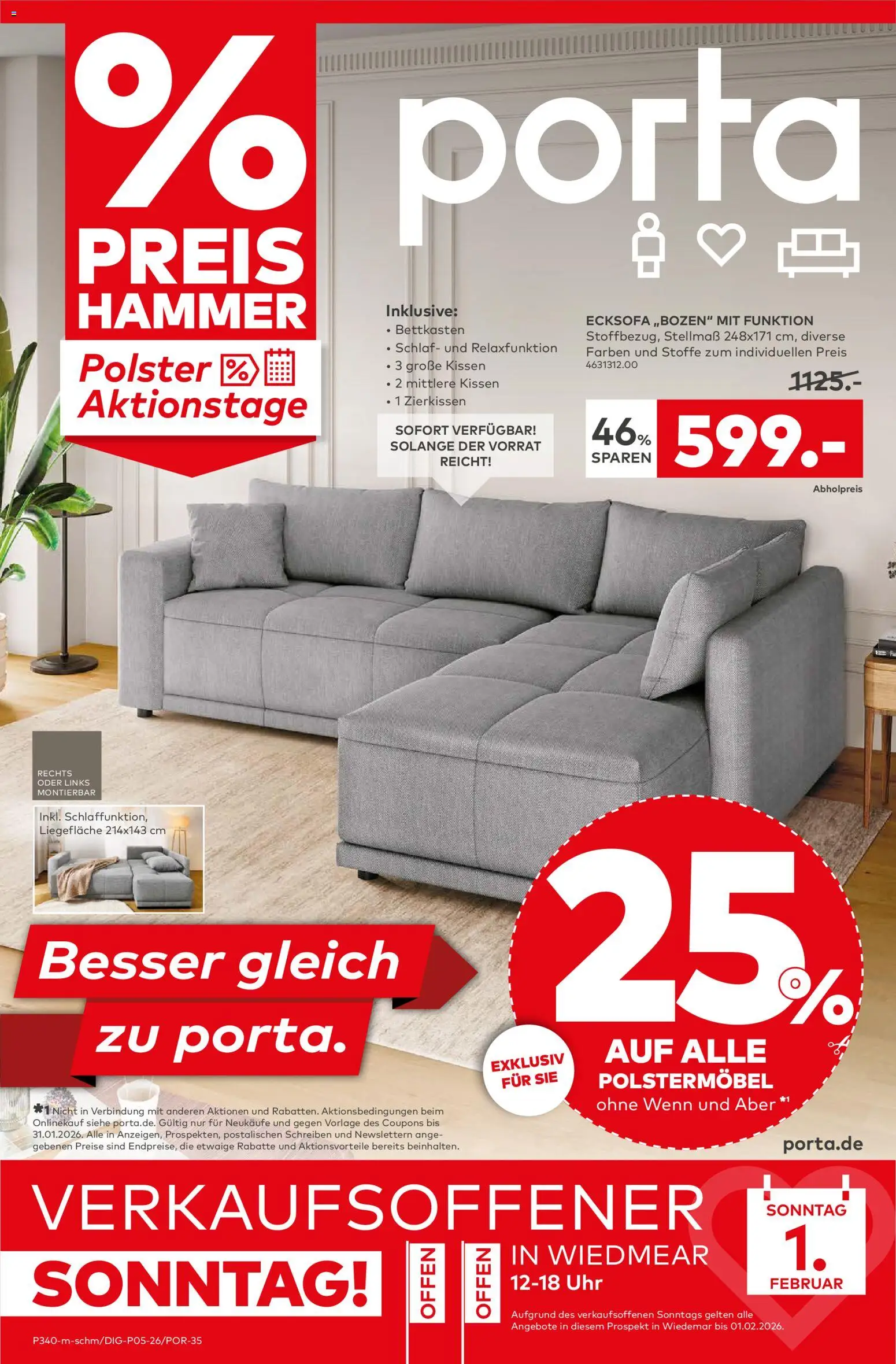 Porta! Prospekt Leipzig – gültig ab 25.01.2026 | Seite: 1 | Produkte: Ecksofa, Kissen, Uhr