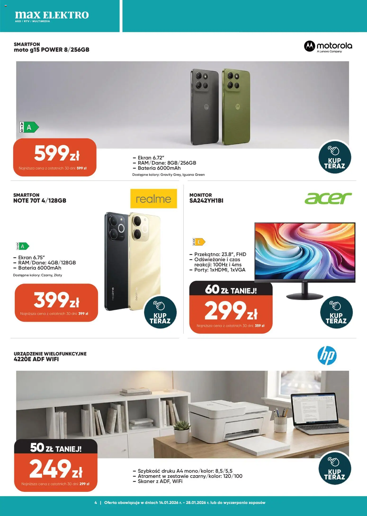 Max elektro Gazetka od 14.01.2026 | Strona: 4 | Produkty: Smartfon, Monitor, Bateria, Skaner
