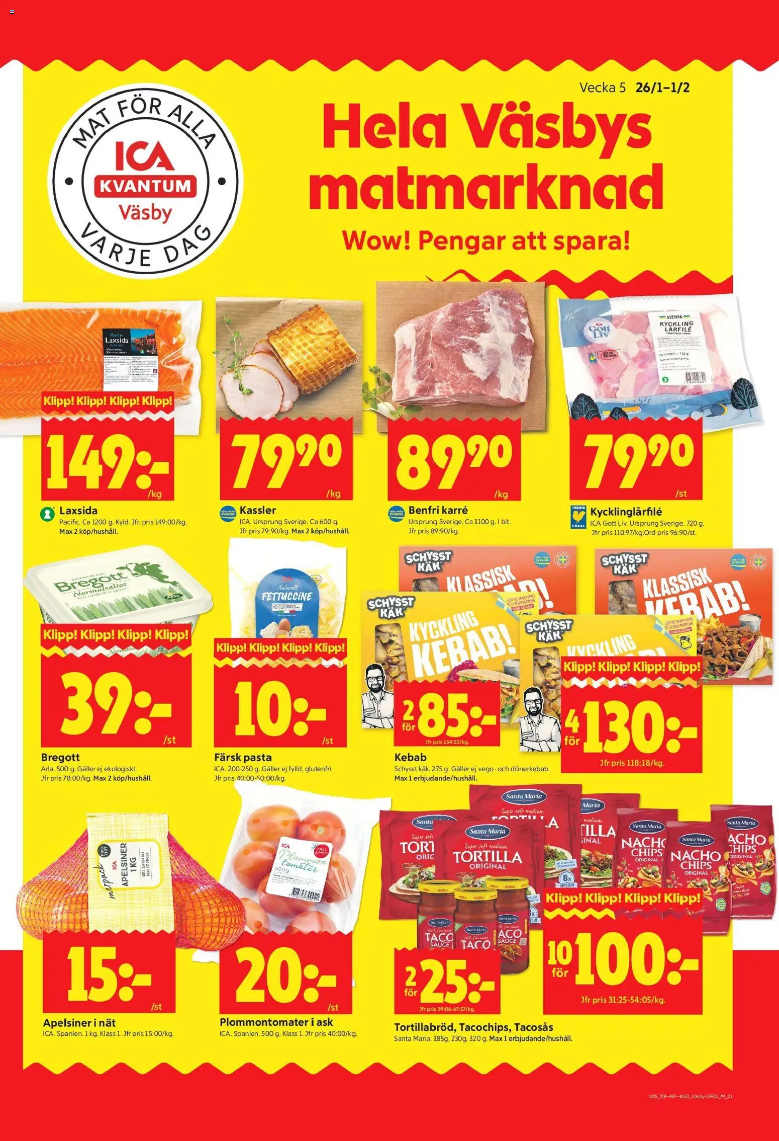 ICA Kvantum reklamblad aktuell från 26.01.2026 | Sida: 1 | Produkter: Tacosås, Chips, Bregott, Plommon