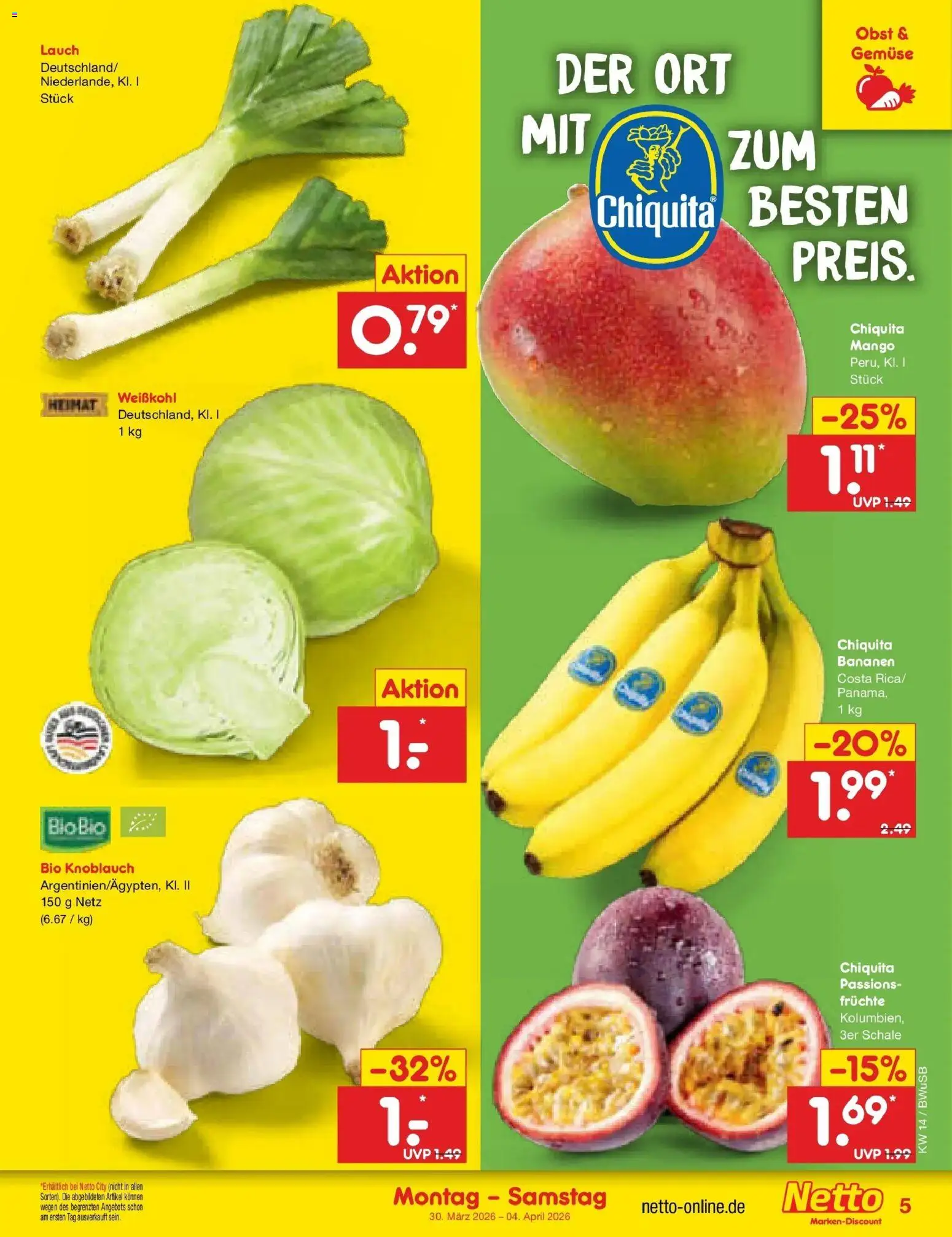 Netto Marken-Discount Prospekt Stemwede-Dielingen	 – gültig ab 30.03.2026 | Seite: 5 | Produkte: Bananen, Gemüse, Mango, Knoblauch