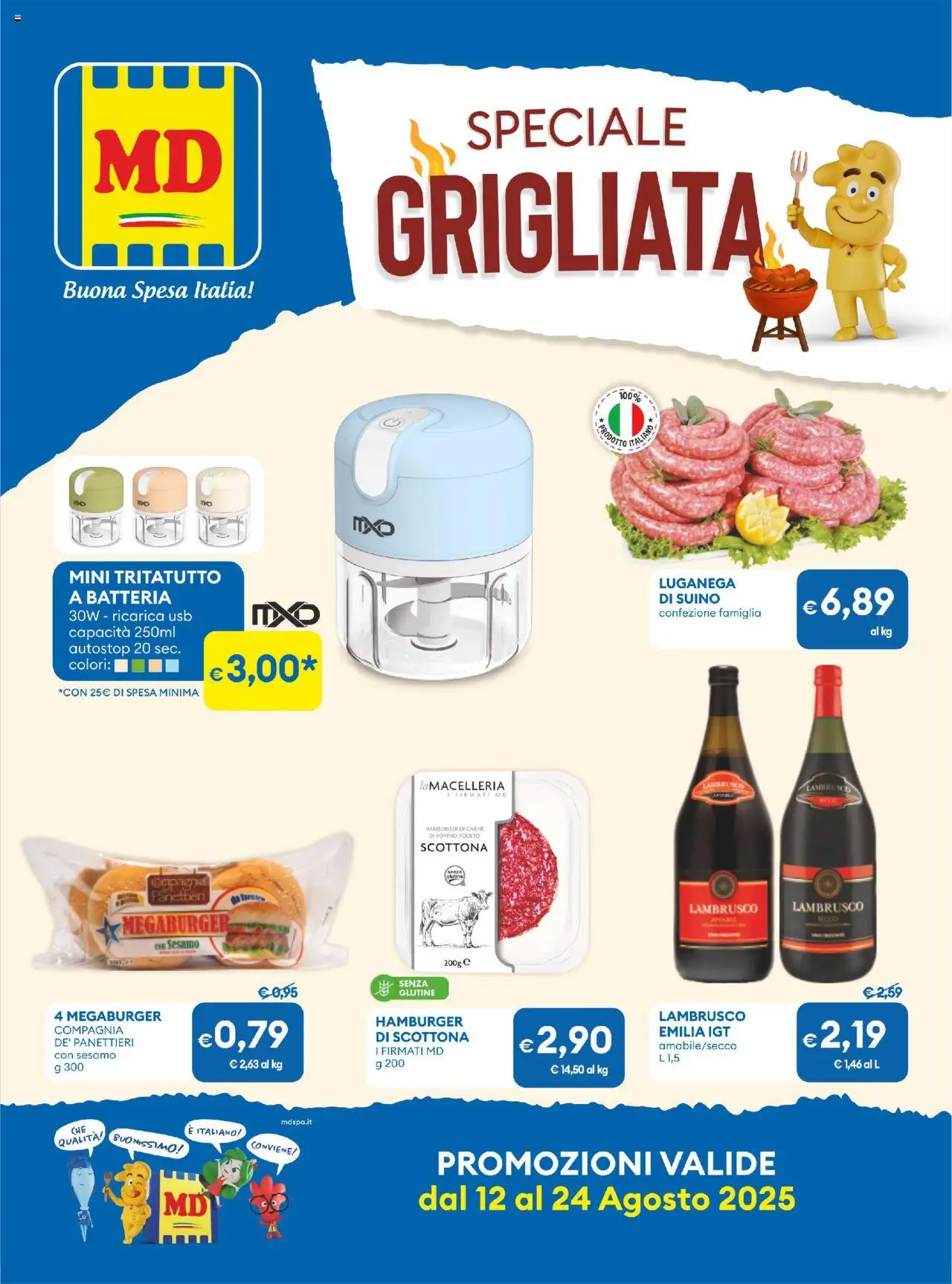 Volantino MD Discount del 12.08.2025 | Pagina: 1 | Prodotti: Tritatutto, Suino, Hamburger, Batteria