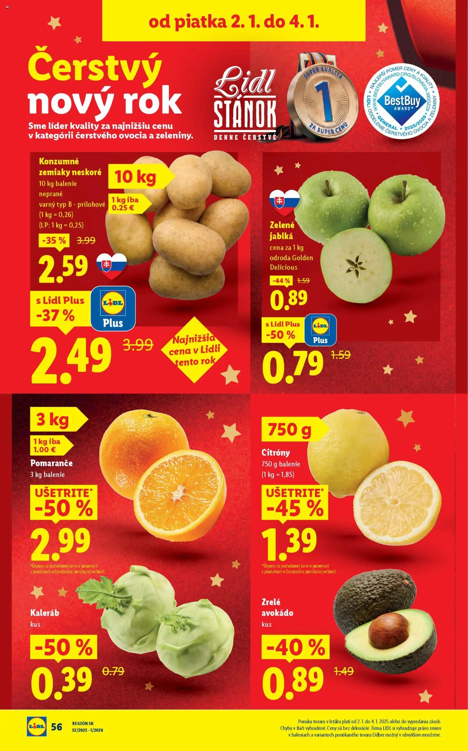 Nové Lidl akcie – leták je platný od 02.01.2026 | Strana: 4 | Produkty: Jablká, Pomaranče, Citróny, Avokádo