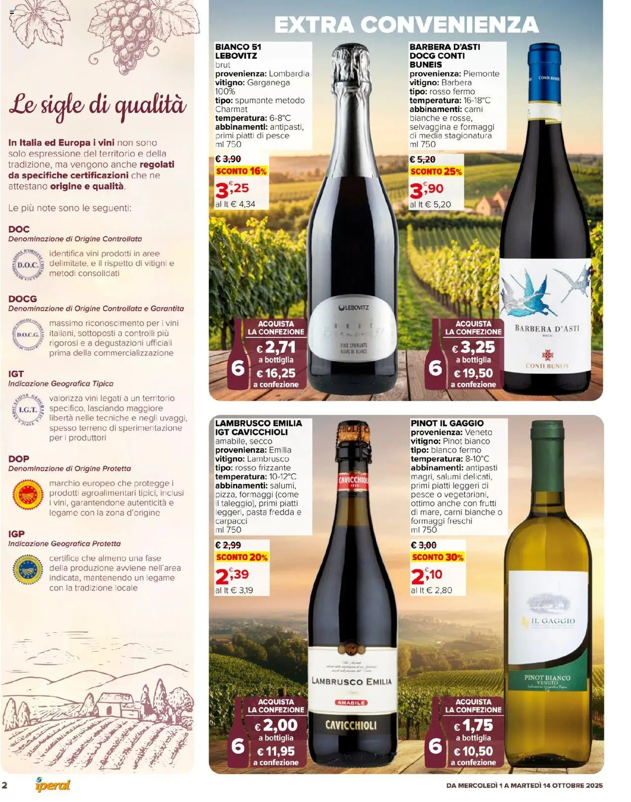 Volantino Iperal del 01.10.2025 | Pagina: 2 | Prodotti: Vino, Pasta, Spumante, Bottiglia