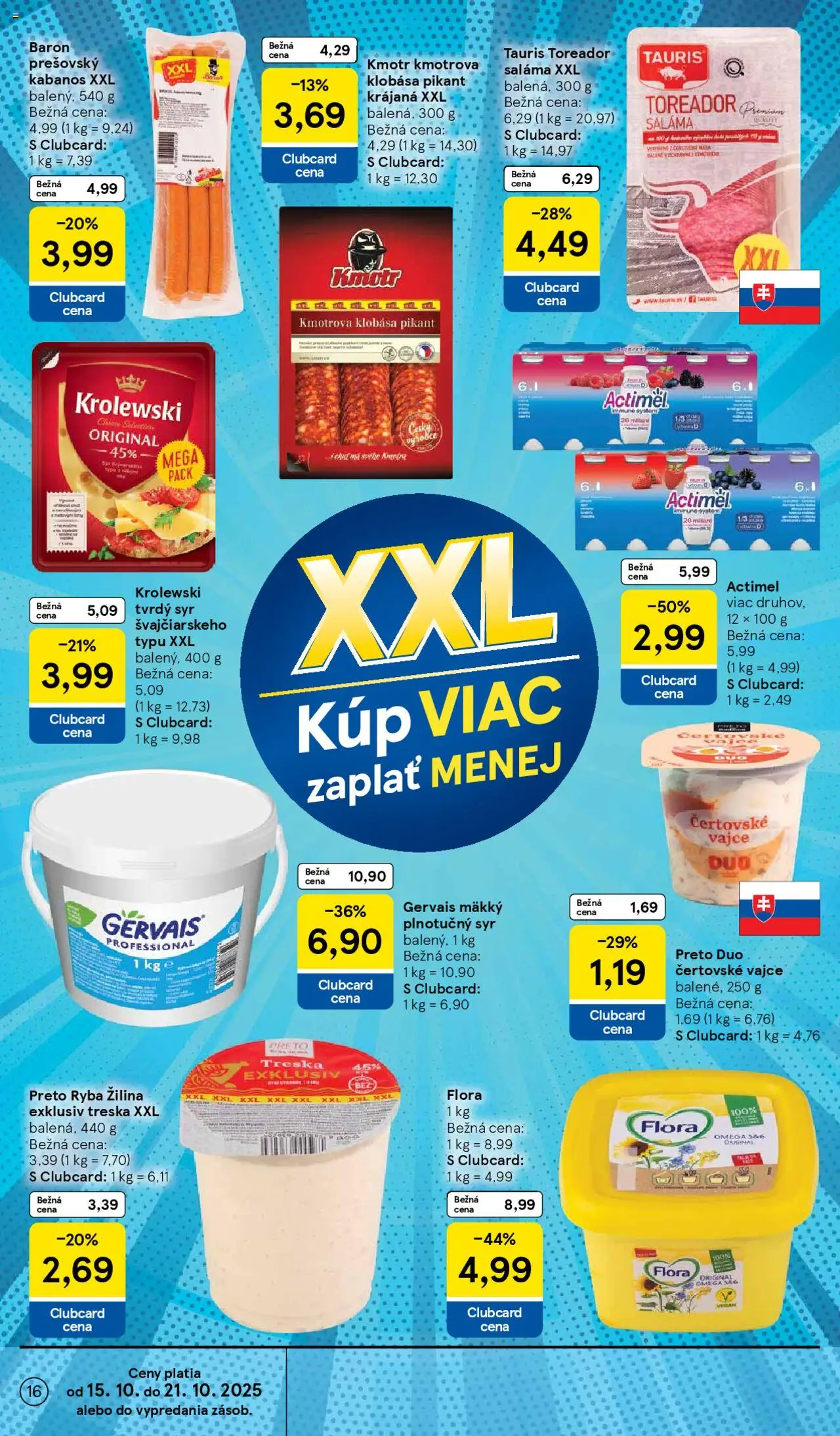 Nové Tesco akcie – leták je platný od 15.10.2025 | Strana: 16 | Produkty: Saláma, Klobása, Ryba, Flora