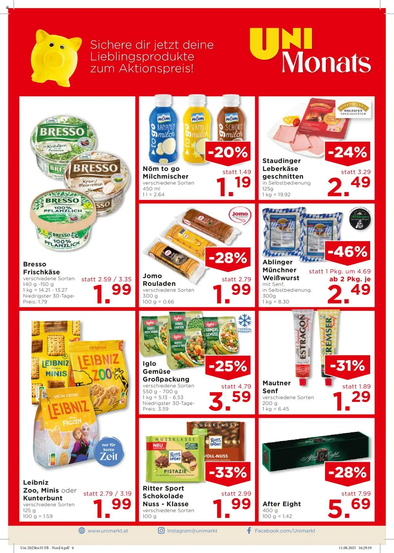 Unimarkt Ost gültig ab 27.08.2025 | Seite: 6 | Produkte: Rizsliszt, Gemüse, Milch, Schokolade
