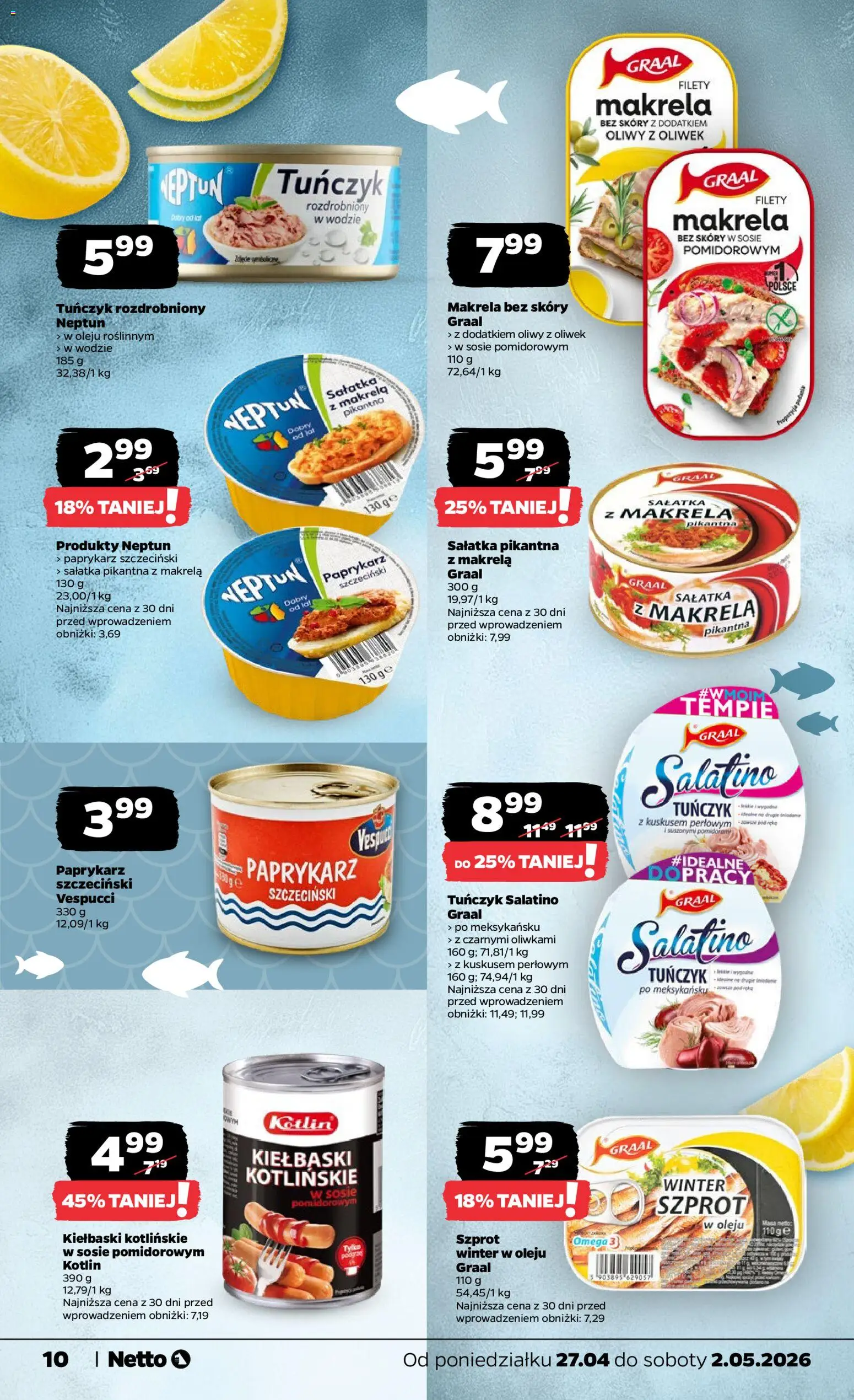 Netto gazetka od poniedziałku spożywcza od 27.04.2026 | Strona: 10 | Produkty: Paprykarz, Paprykarz szczeciński, Kiełbaski, Tuńczyk