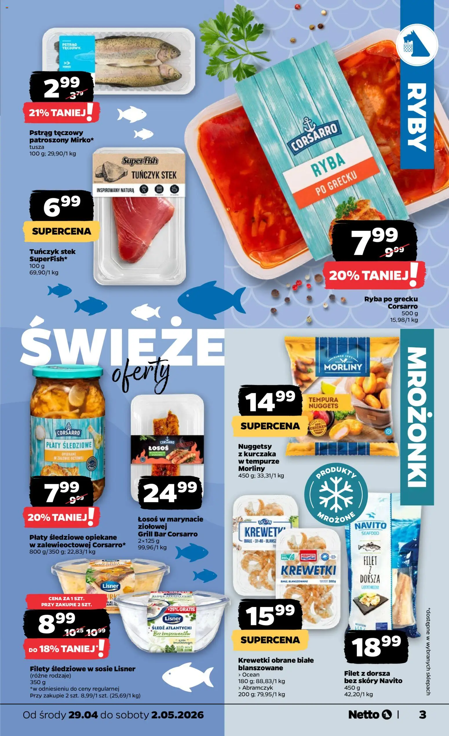 Netto gazetka od środy spożywcza od 29.04.2026 | Strona: 3 | Produkty: Tempura, Pstrąg tęczowy, Krewetki, Ryba po grecku