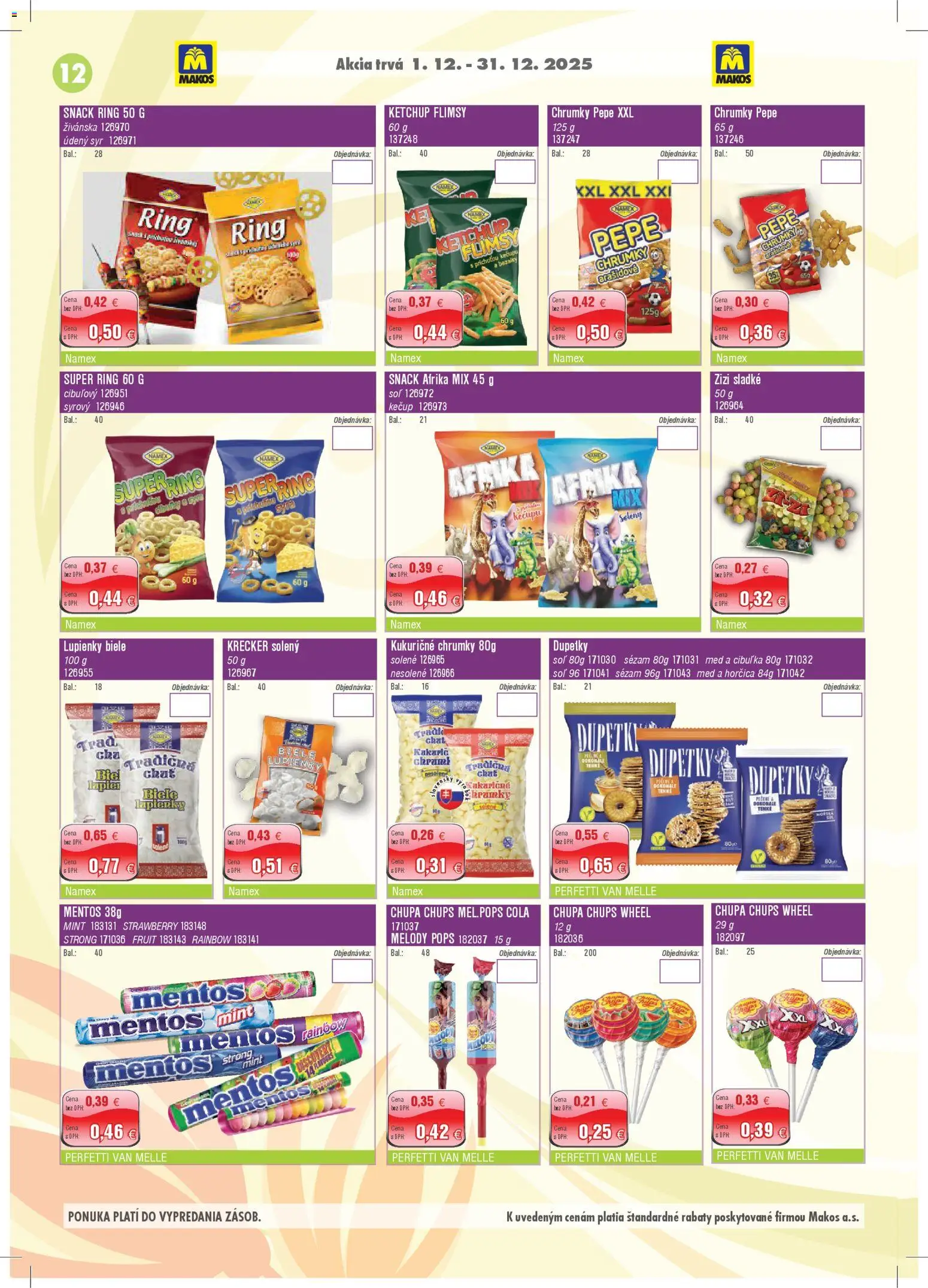 Nové Makos akcie – leták je platný od 01.12.2025 | Strana: 12 | Produkty: Syr, Soľ, Med, Cola