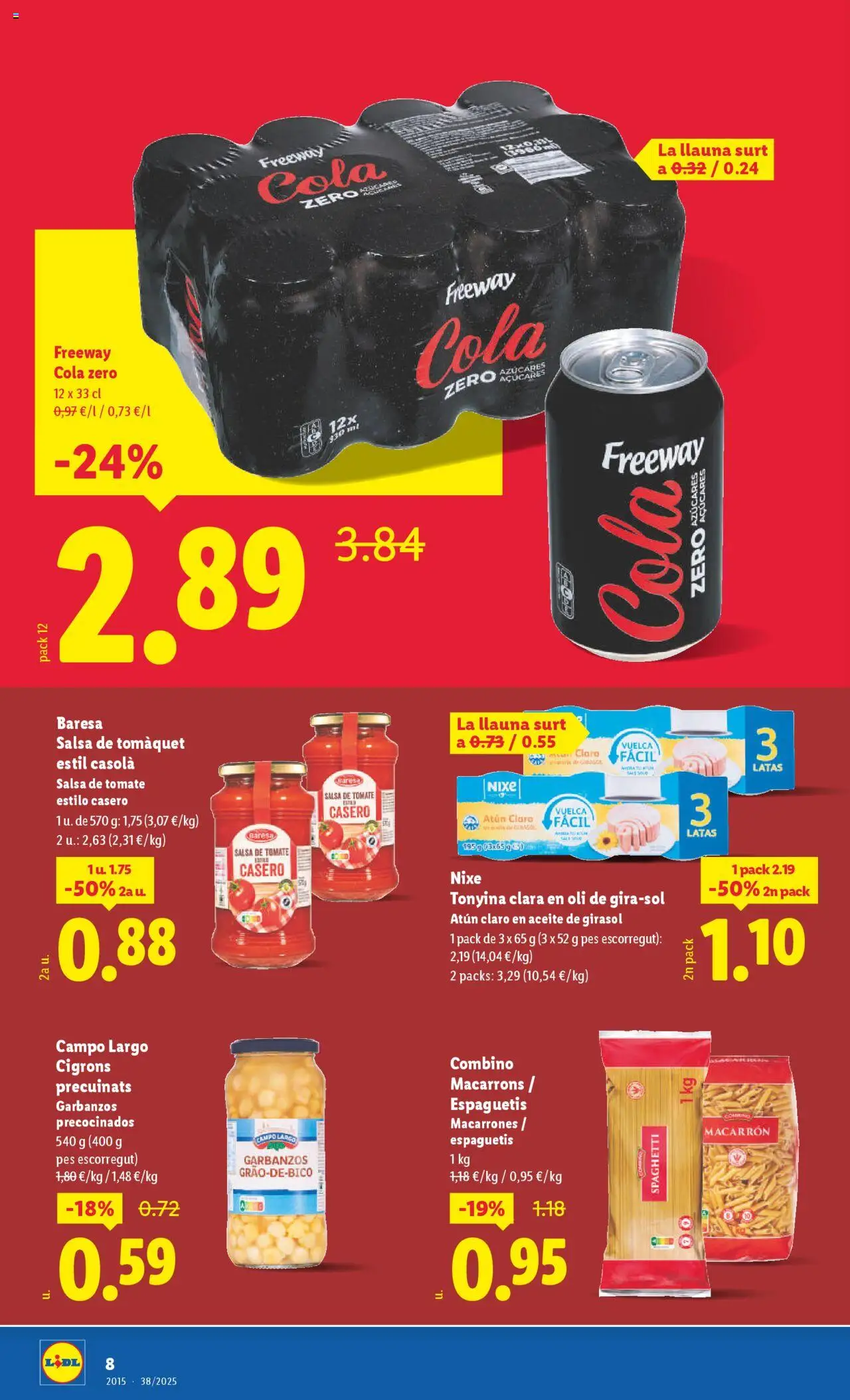 Lidl - La Guixa │ válido desde el 19.09.2025 | Página: 8 | Productos: Aceite, Pasta, Salsa de tomate, Atún claro