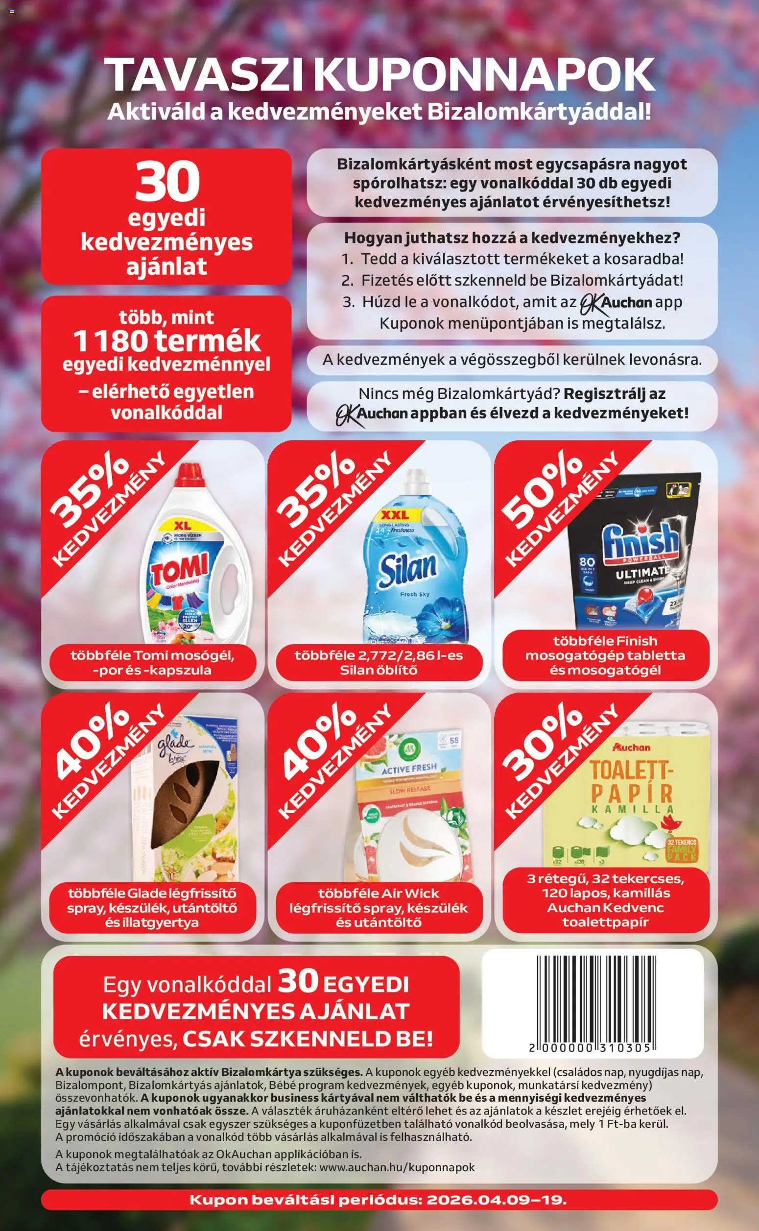 Auchan akciós ujság - amely érvényes a következő dátumtól: 09.04.2026 | Oldal: 2 | Termékek: Öblítő, Légfrissítő, Illatgyertya, Mosogatógép tabletta