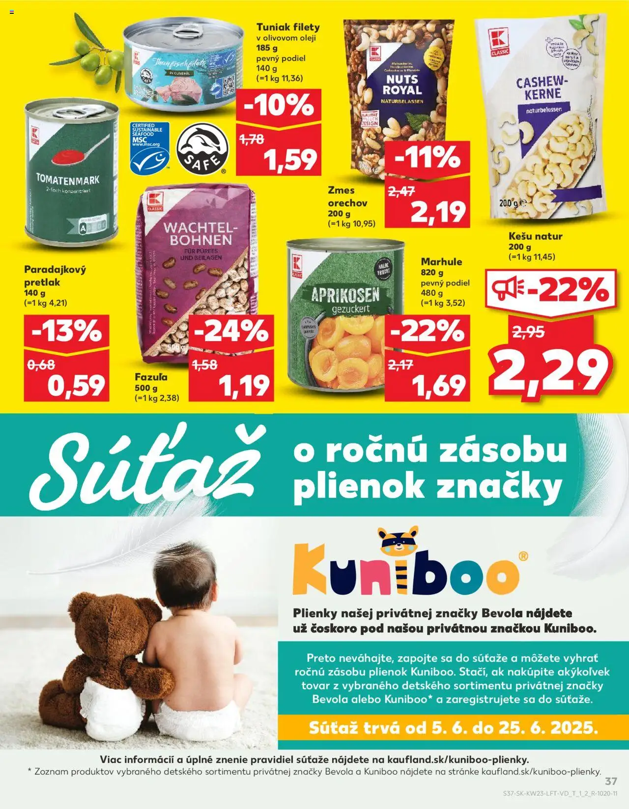 Nové Kaufland akcie – leták je platný od 05.06.2025 | Strana: 37 | Produkty: Tuniak, Fazuľa, Plienky, Marhule