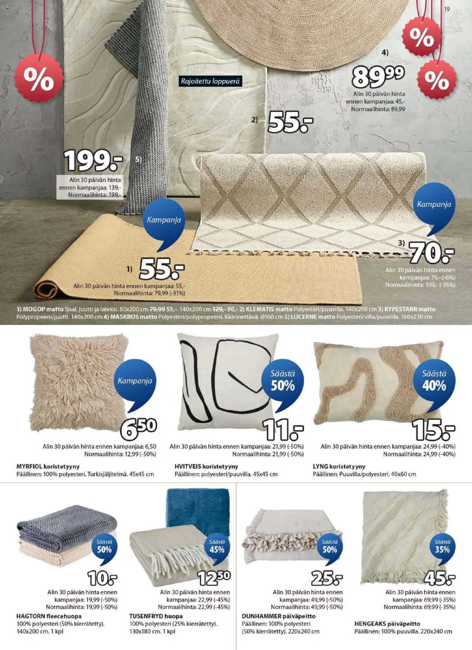 JYSK tarjoukset – voimassa 25.12.2025 alkaen | Sivu: 19 | Tuotteet: Matto, Koristetyyny, Huopa