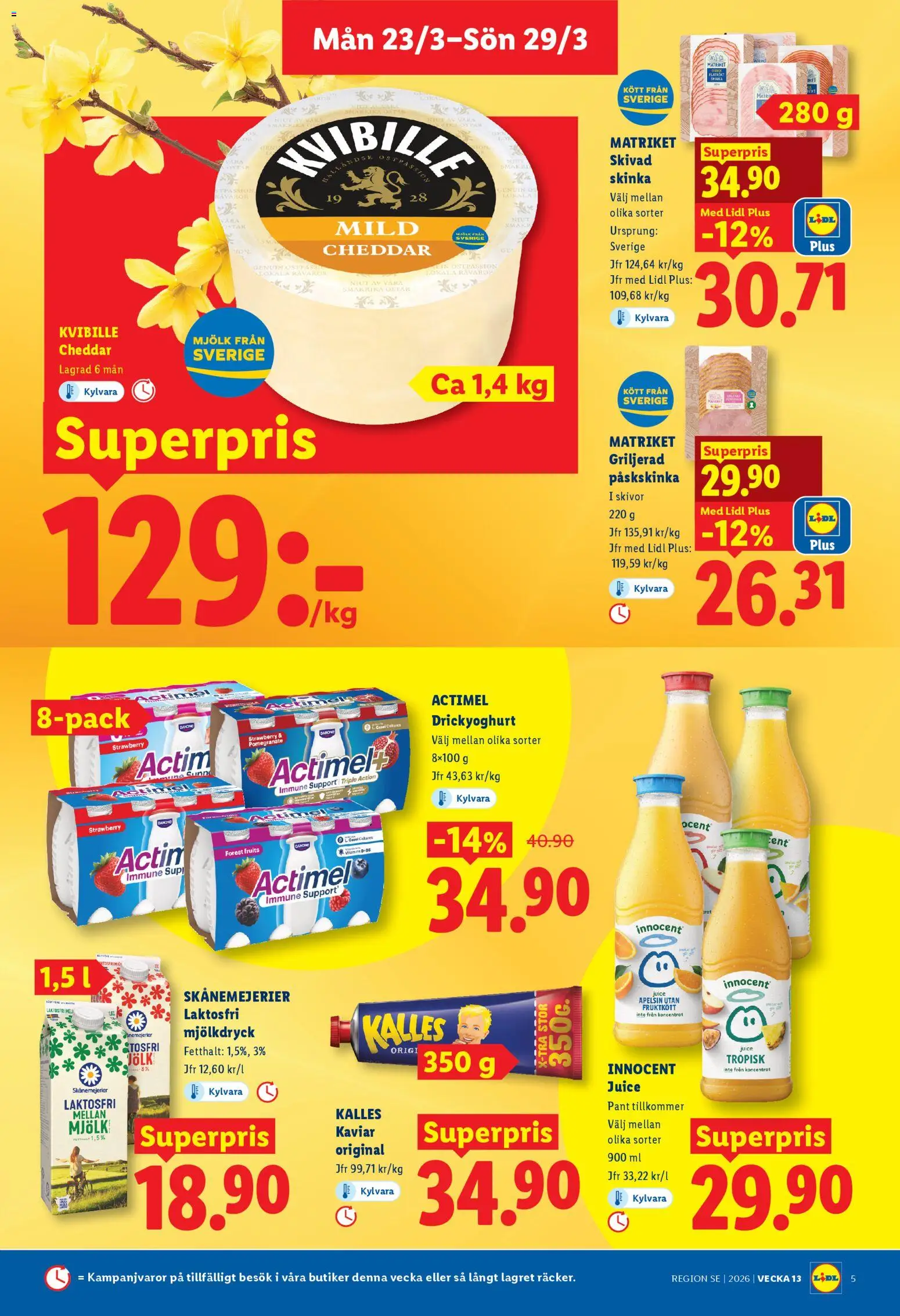 Lidl reklamblad aktuell från 23.03.2026 | Sida: 5 | Produkter: Cheddar, Mjölk, Skinka, Juice