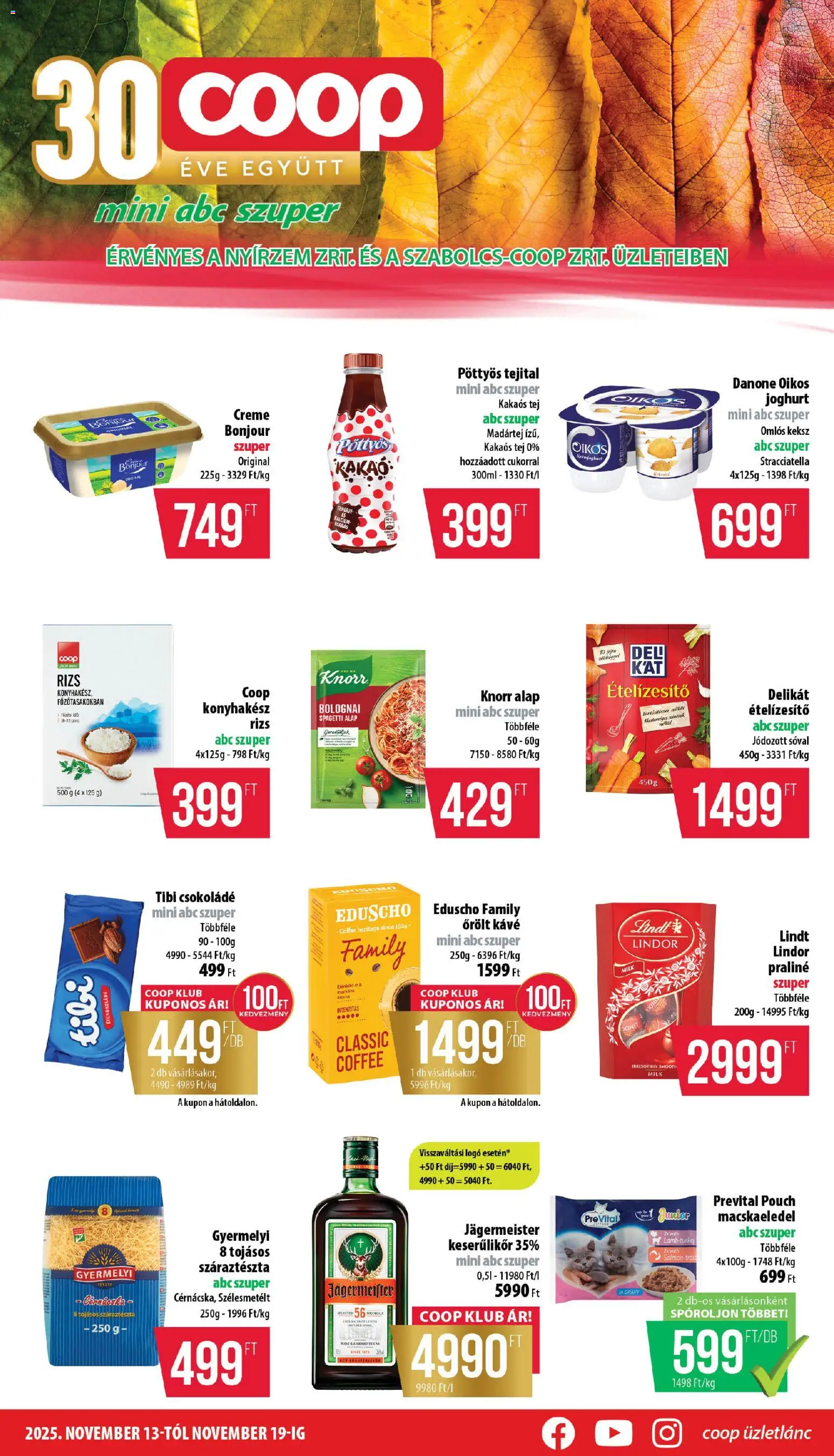 COOP akciós ujság - amely érvényes a következő dátumtól: 13.11.2025 | Oldal: 1 | Termékek: Jägermeister, Rizs, Őrölt kávé, Ételízesítő