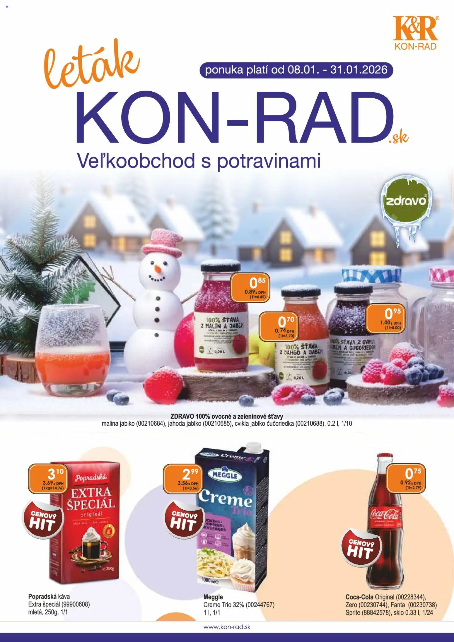 Nové KON - RAD akcie – leták je platný od 08.01.2026 | Strana: 1 | Produkty: Káva, Popradská káva, Coca cola, Cola