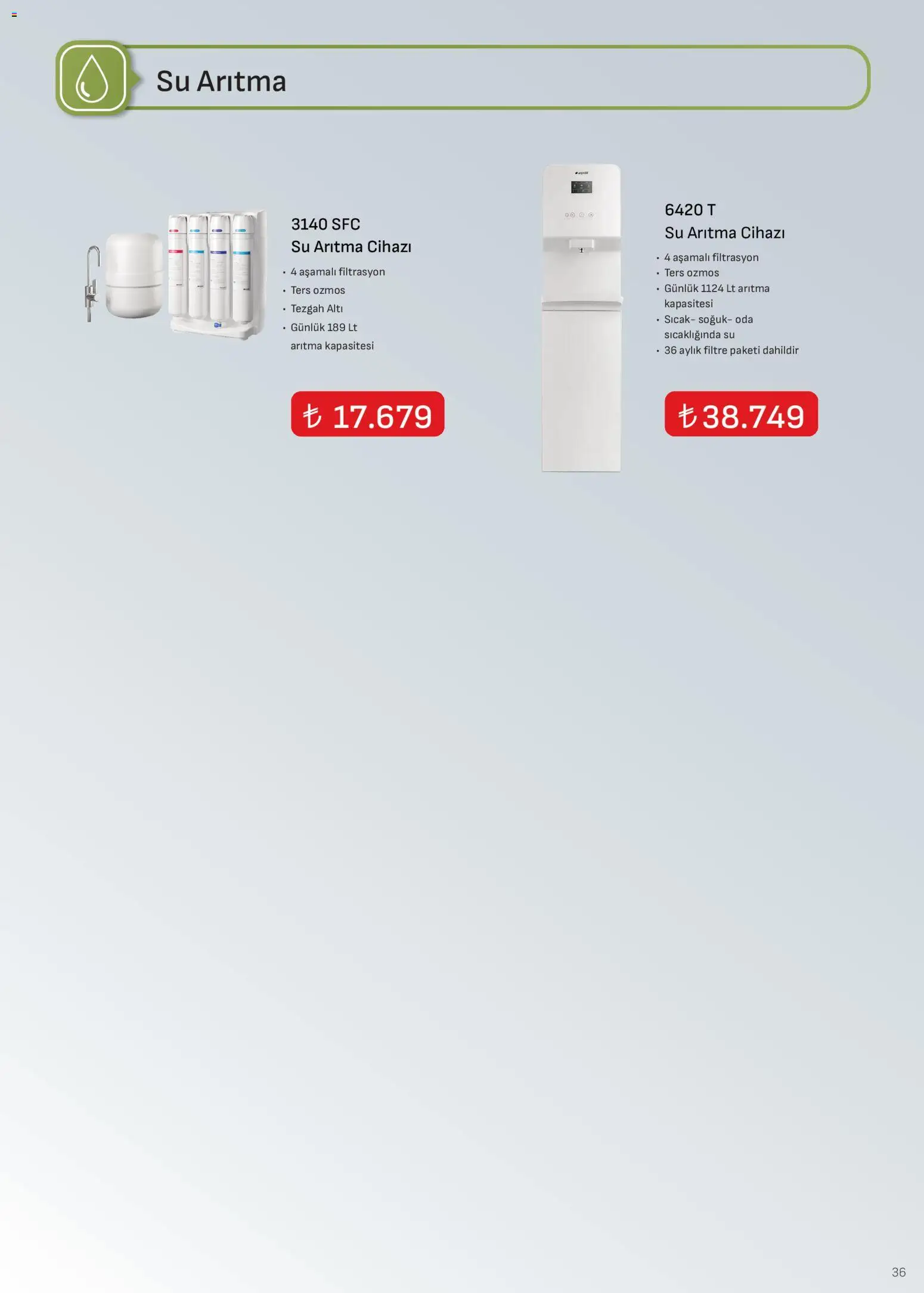Arçelik - İklimlendirme Kataloğu - 16.04.2026 tarihinden itibaren geçerlidir | Sayfa: 36 | Ürünler: Su
