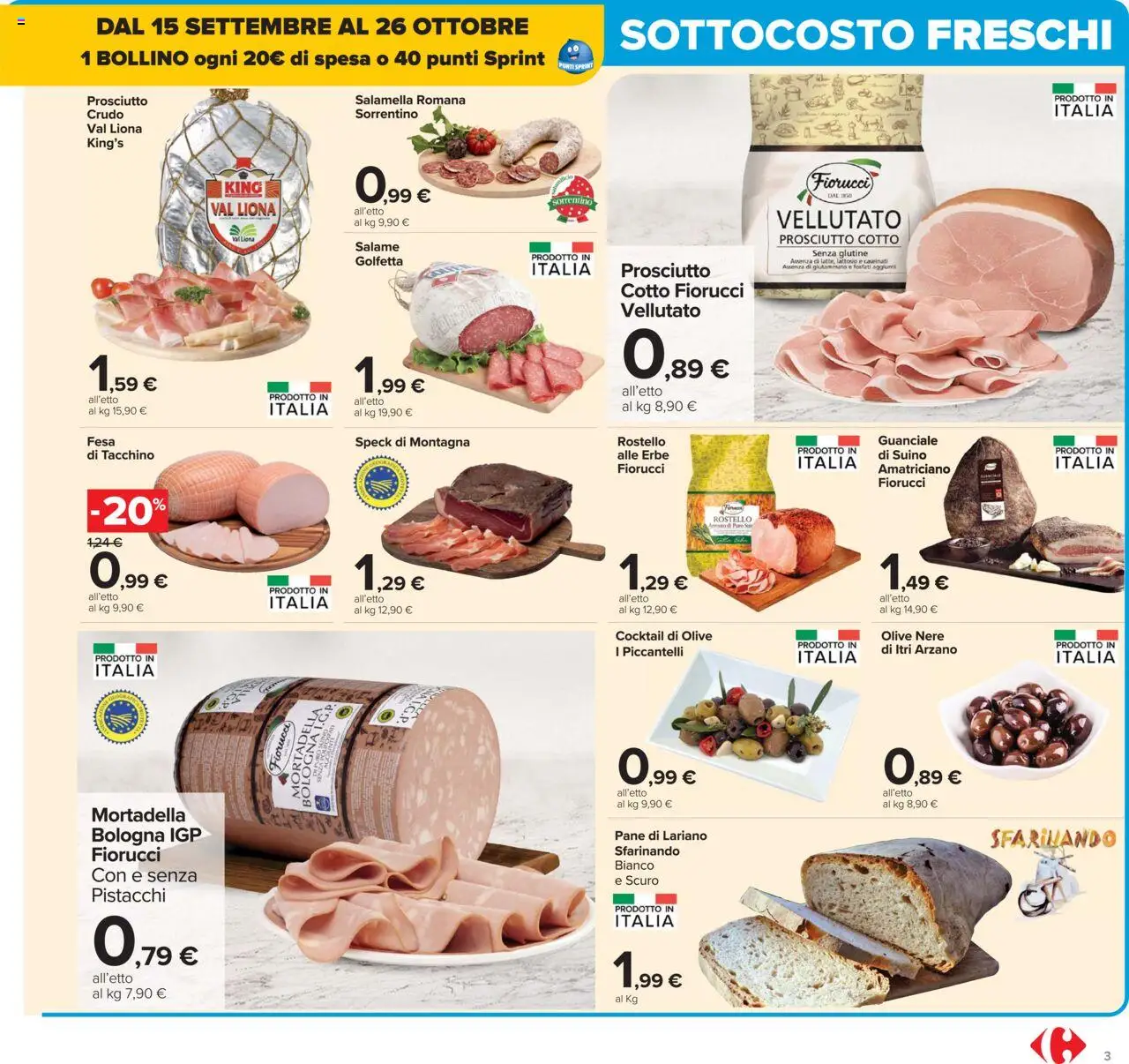 Volantino Carrefour del 15.09.2025 | Pagina: 3 | Prodotti: Pane, Salame, Olive, Guanciale