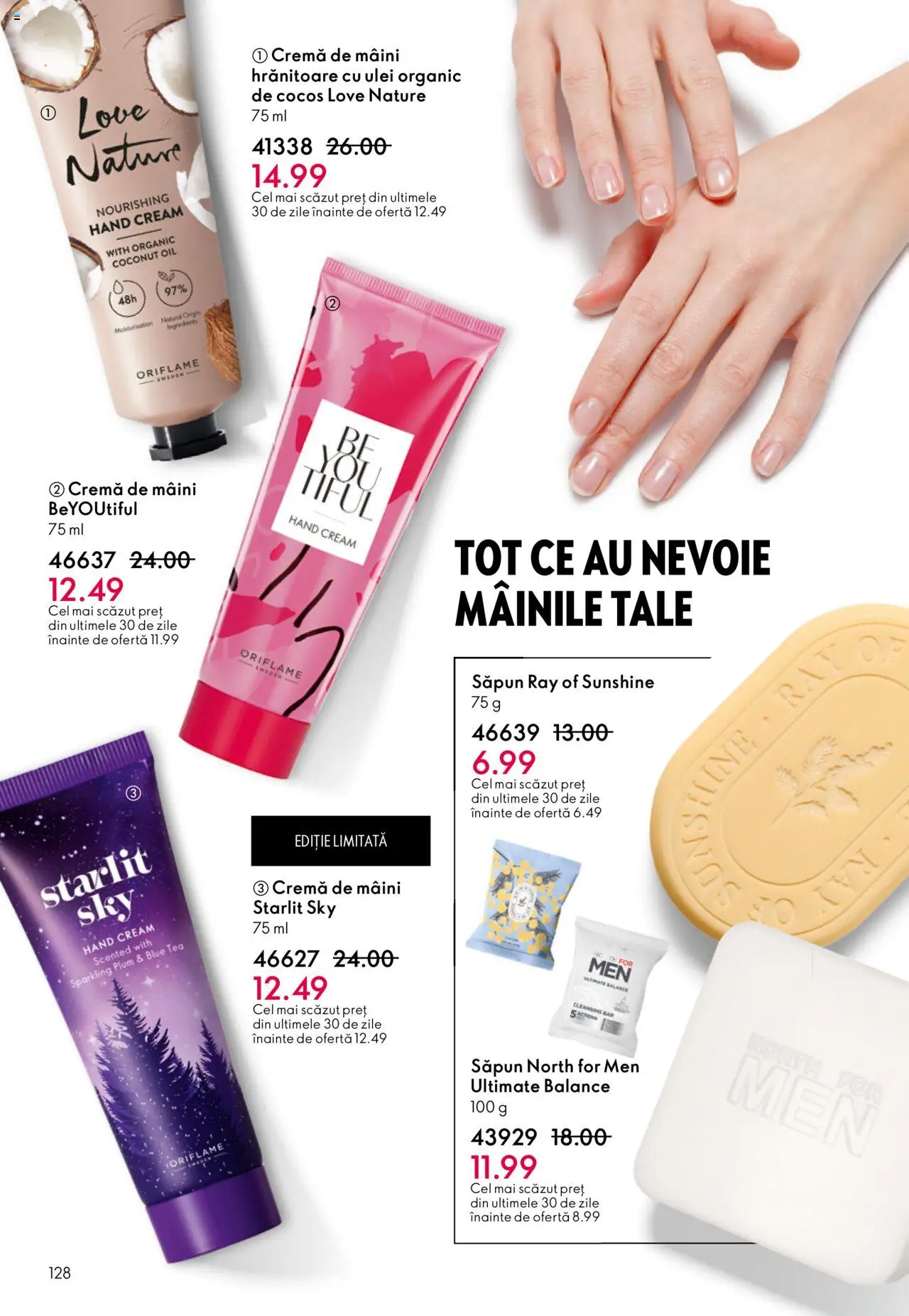Oriflame catalog 13 2025 – valabil de la 10.09.2025 | Pagină: 128 | Produse: Cremă, Ulei, Cremă de mâini, Săpun