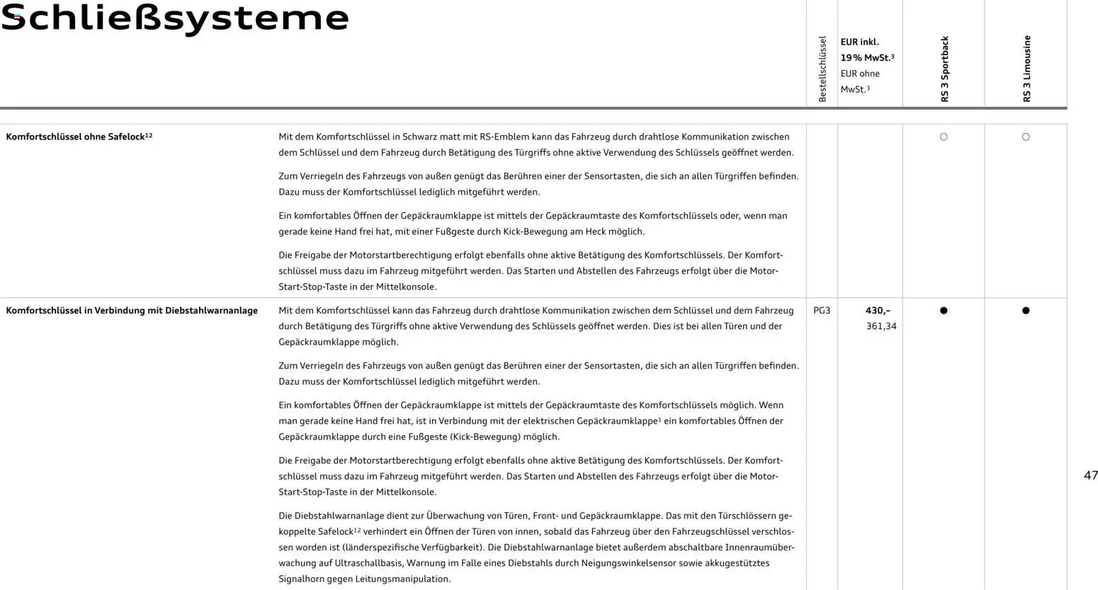 Audi RS 3 Sportback / RS 3 Limousine – gültig ab 25.10.2025 | Seite: 47