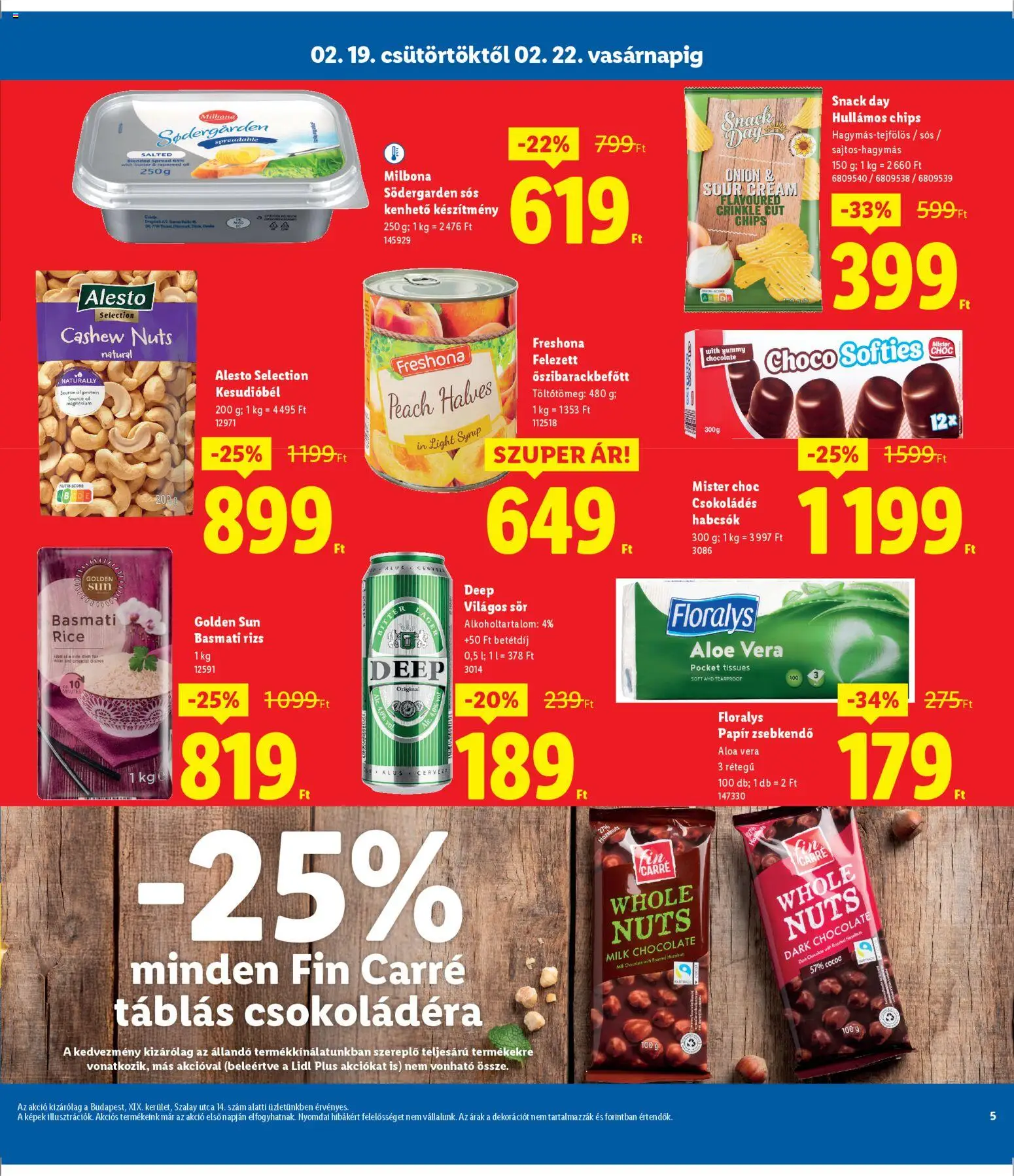 Lidl akciós ujság - amely érvényes a következő dátumtól: 19.02.2026 | Oldal: 5 | Termékek: Chips, Protein, Basmati rizs, Sör